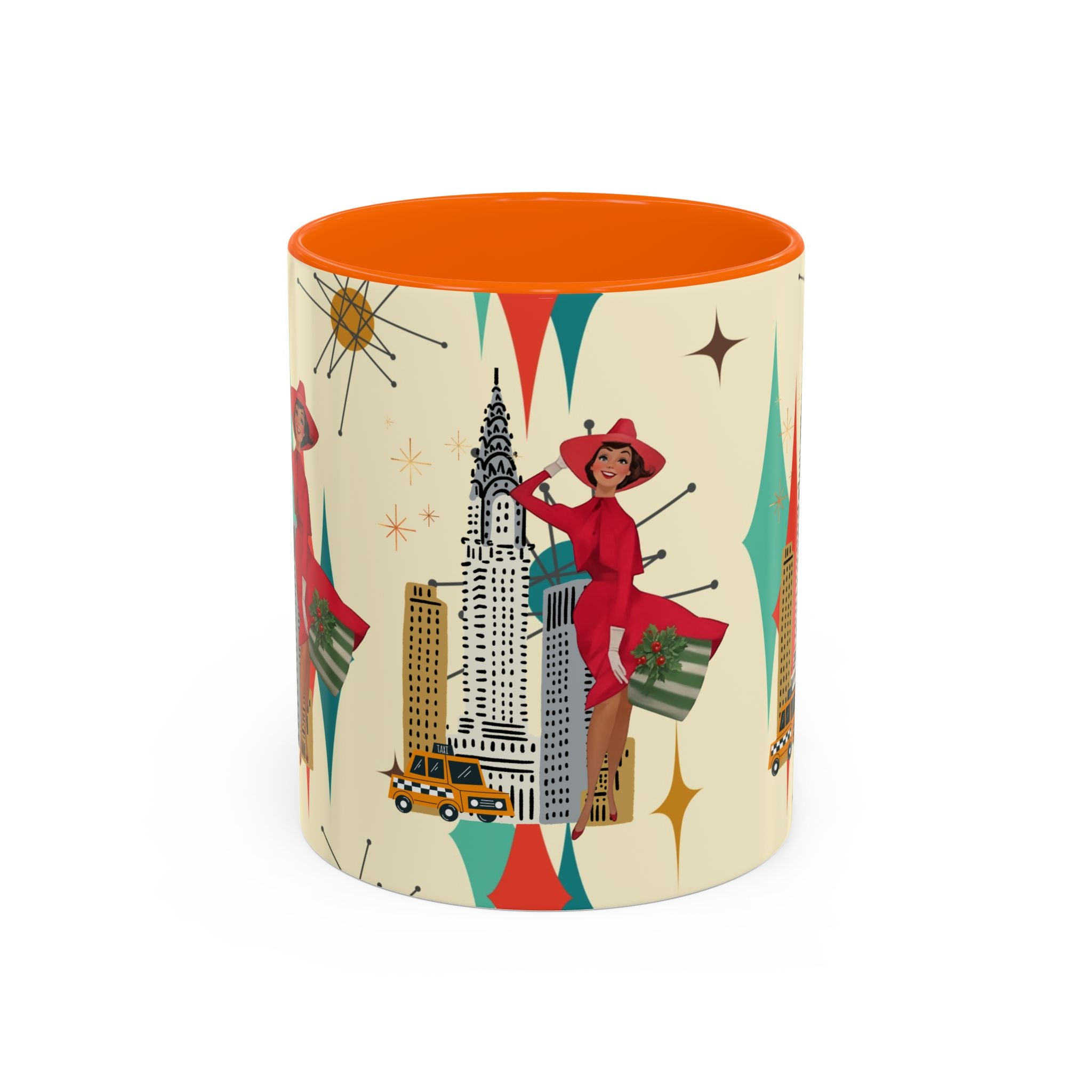 Mid Century Modern Kitschy Christmas Gal, Franciscan Starburst Diamond Retro Chic Accent Coffee Mug - Vintage Cityscape Design - Mid Century Modern Gal