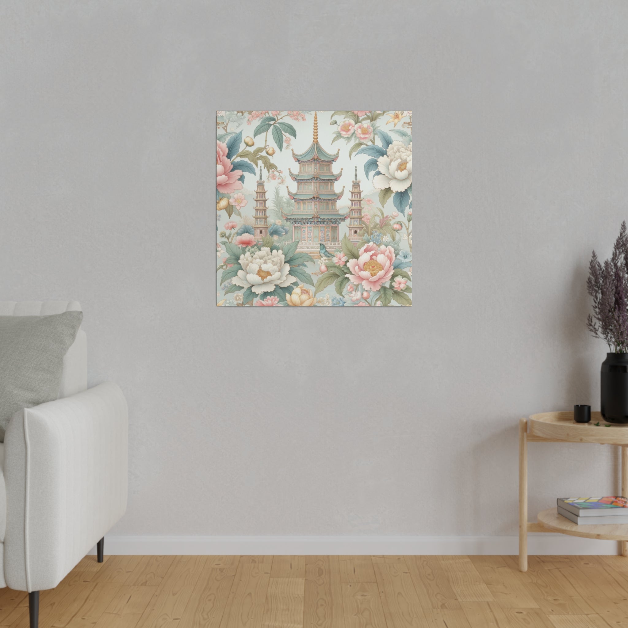 Chinoisere Wall Art, Beautiful Exotic Pagoda, Pastels, Florals, Roses, Blue Birds, Southern Home Style Wall Art - Mid Century Modern Gal