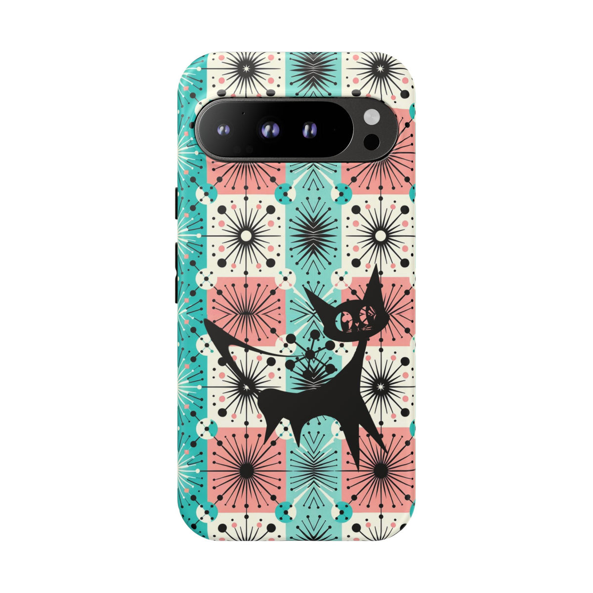 Atomic Kitschy Cat, Mid Century Modern Pink, Aqua Starbursts Tough Phone Case
