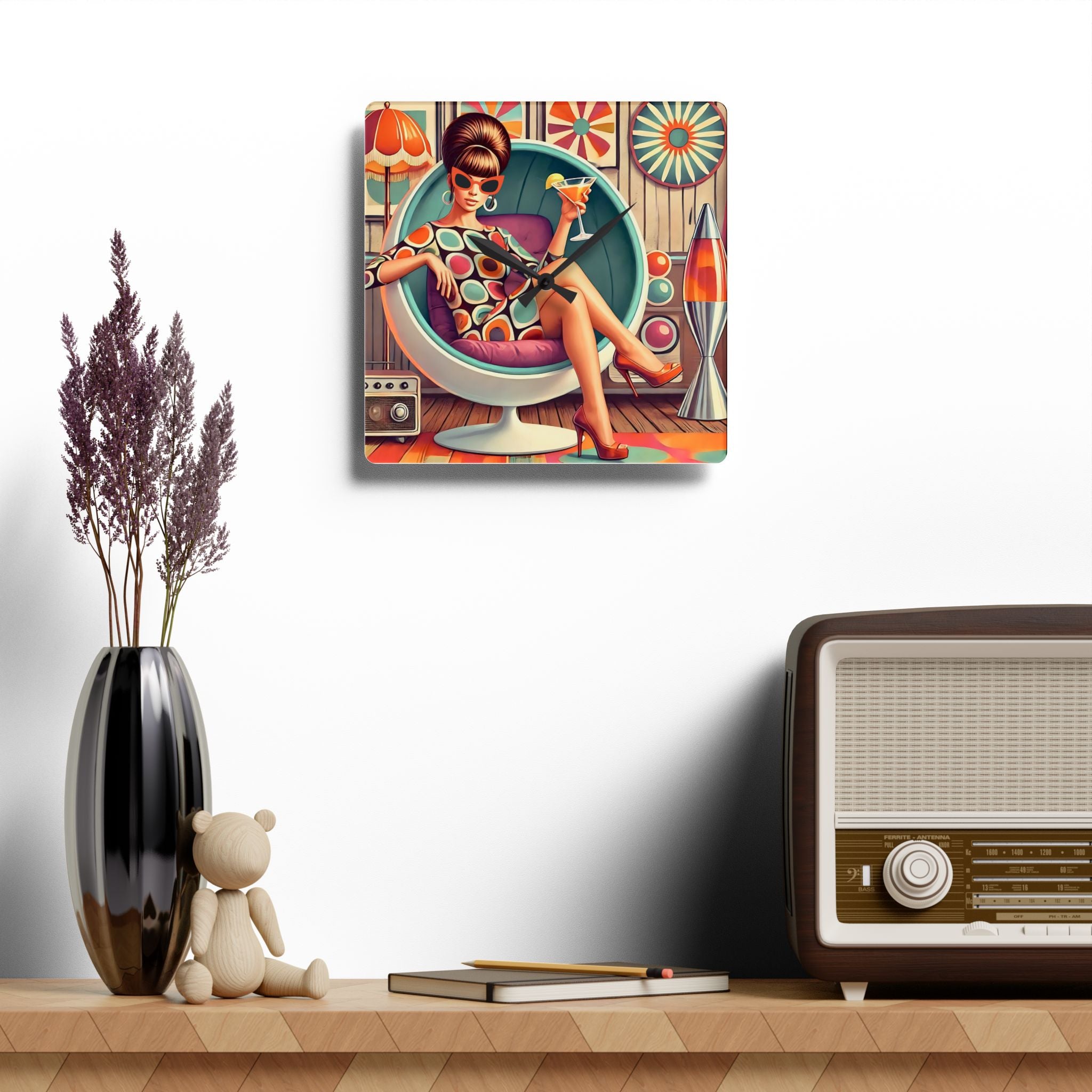60s Mod Gal, Mid Century Modern Kitschy Acrylic Wall Clock - Mid Century Modern Gal