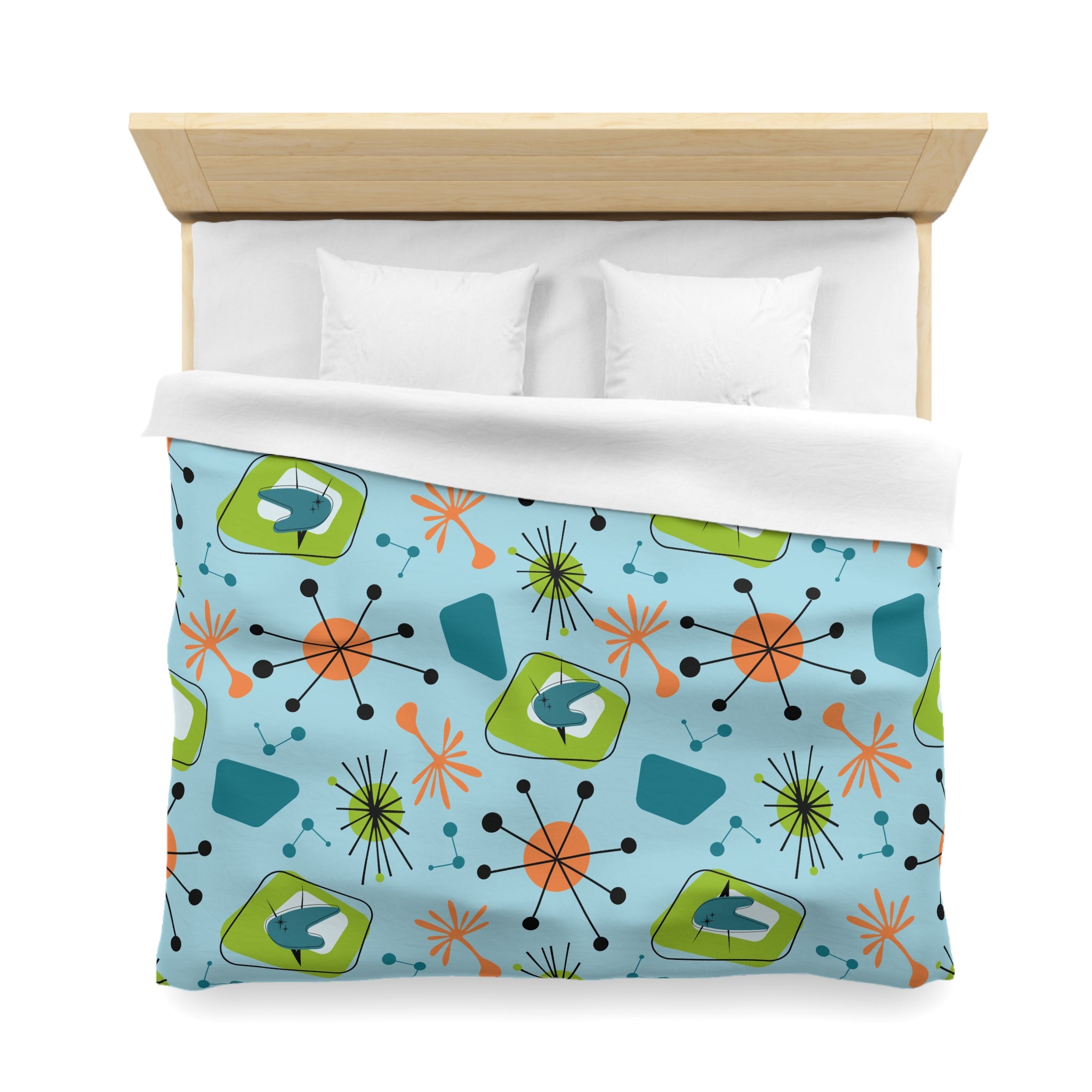Mid Century Modern Duvet Cover, Atomic Starbursts Boomerangs, Orange, Blue, Green Duvet Cover - Mid Century Modern Gal