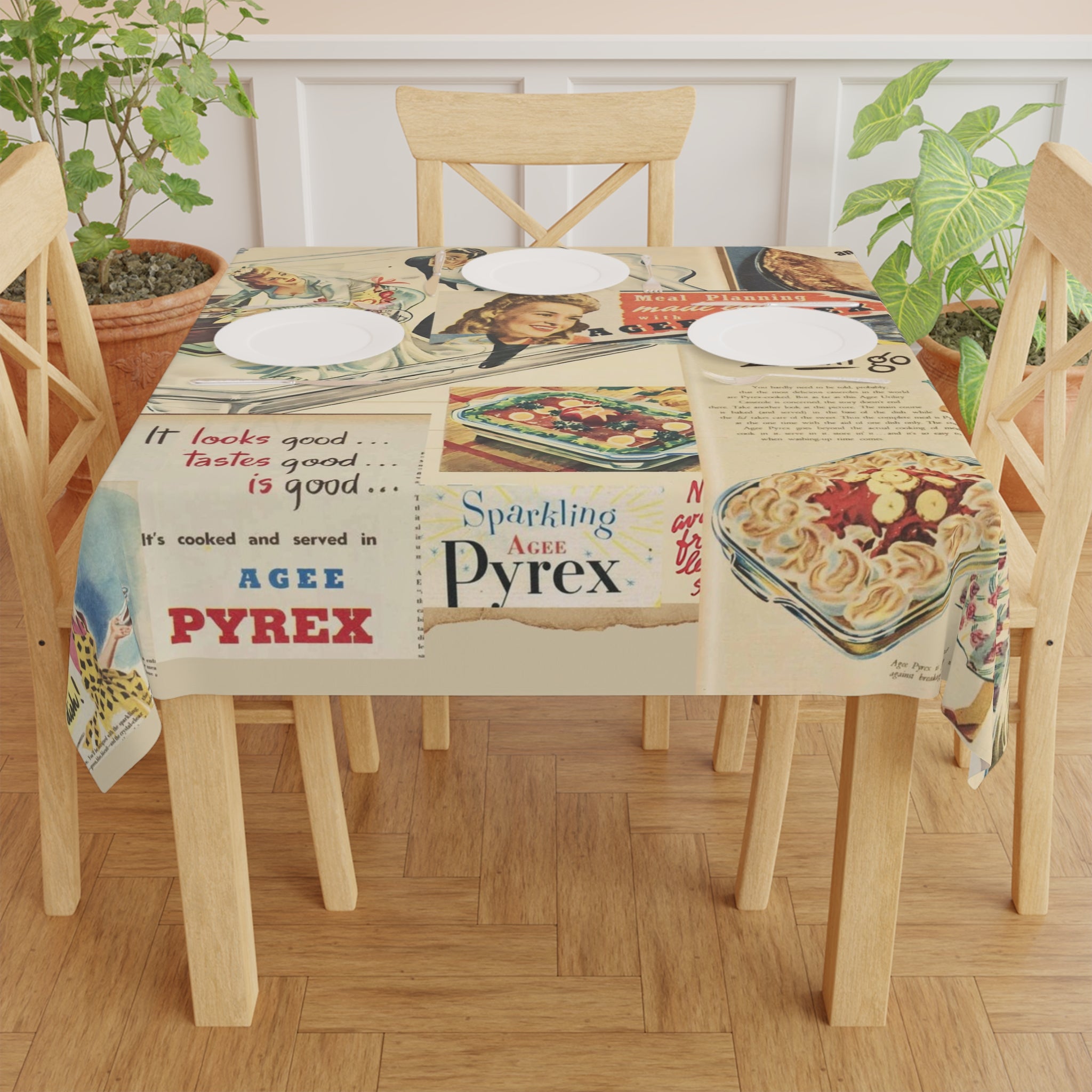 Vintage Pyrex Ads, Kitschy Fun Mid Mod Tablecloth - Mid Century Modern Gal