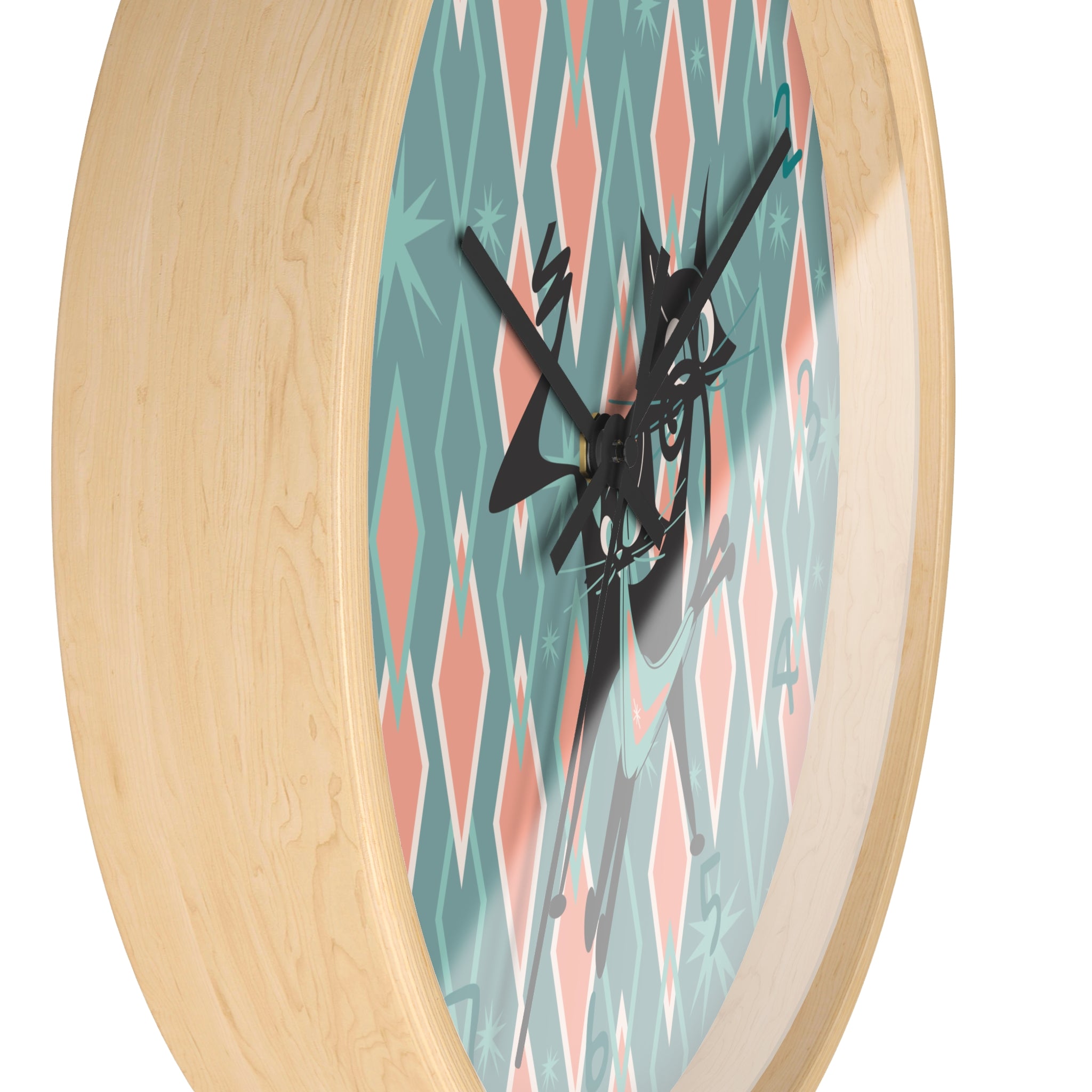Retro Kitchen Wall Clock For Atomic Cat Black Cat Lovers, Mid Century Modern Designed, Teal, Pink Harlequin Diamond Designed MCM Clock - Mid Century Modern Gal
