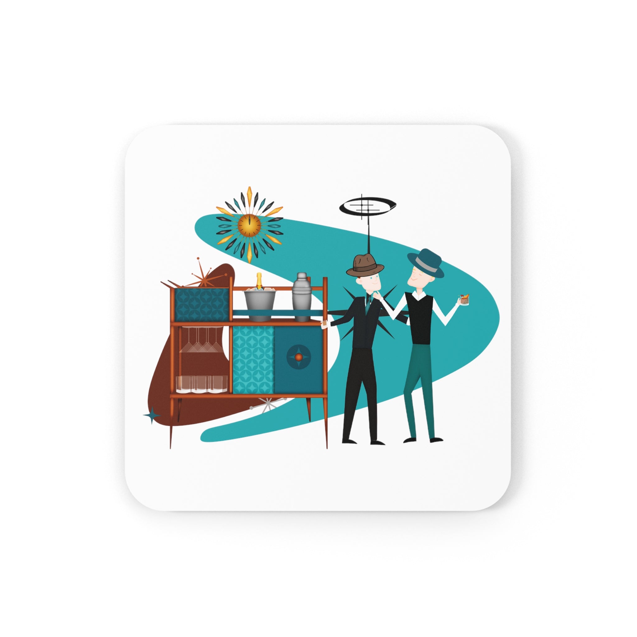 Atomic Barware, Male Couple, Gay Couple, Mid Century Modern Kitsch 50s Corkwood Coaster Set - Mid Century Modern Gal