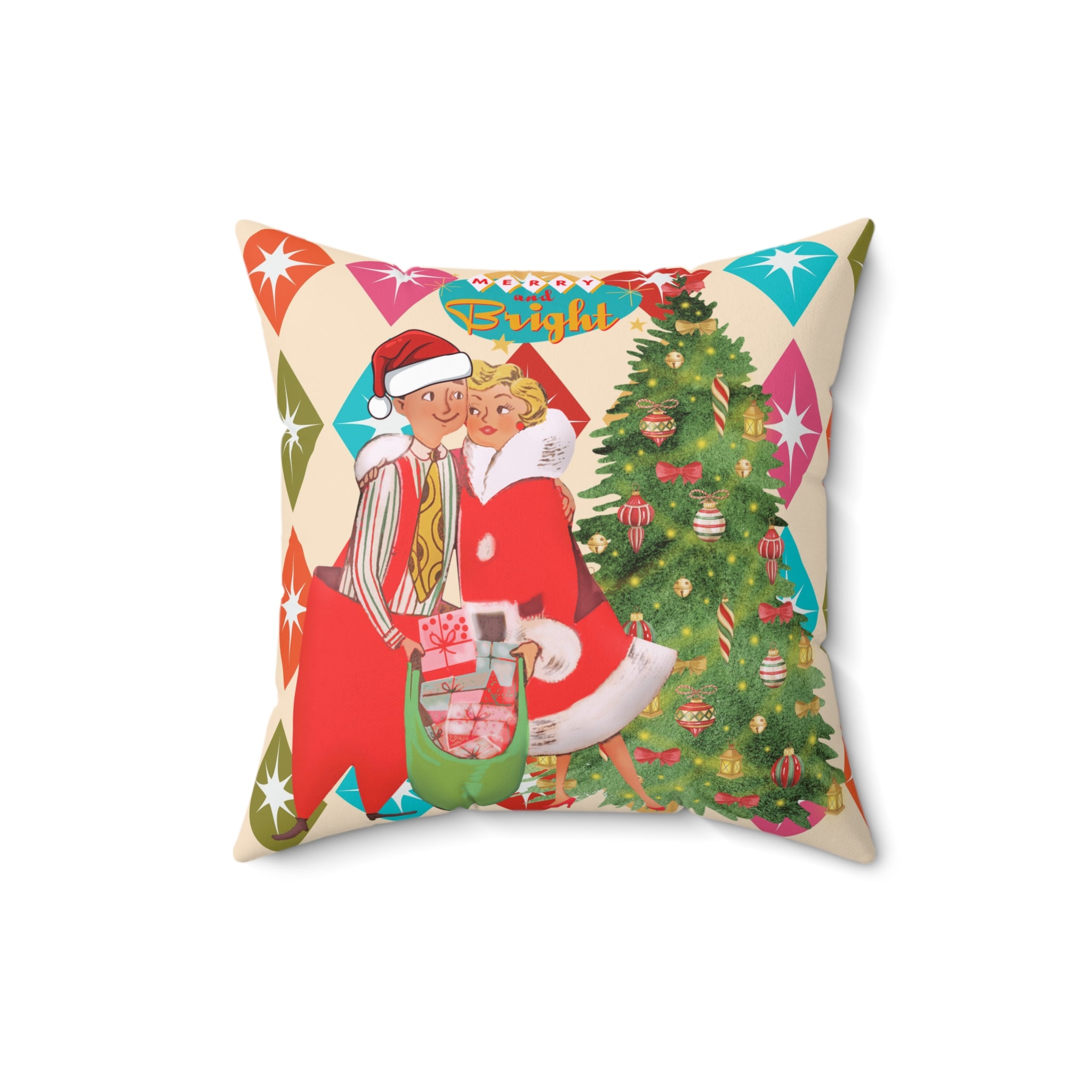 Vintage Christmas Square Pillow – Bright Holiday Decor - Mid Century Modern Gal
