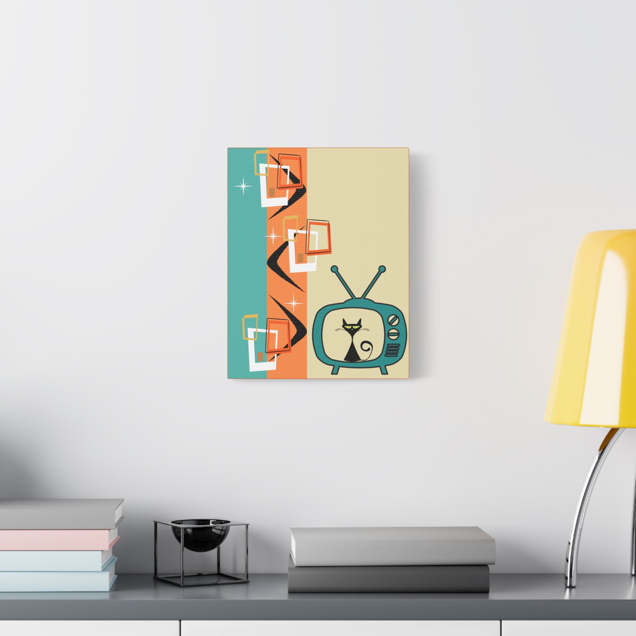 Atomic Cat Retro Kitschy Cute Boomerang Starburst Mid Mod Canvas Gallery Wraps - Mid Century Modern Gal