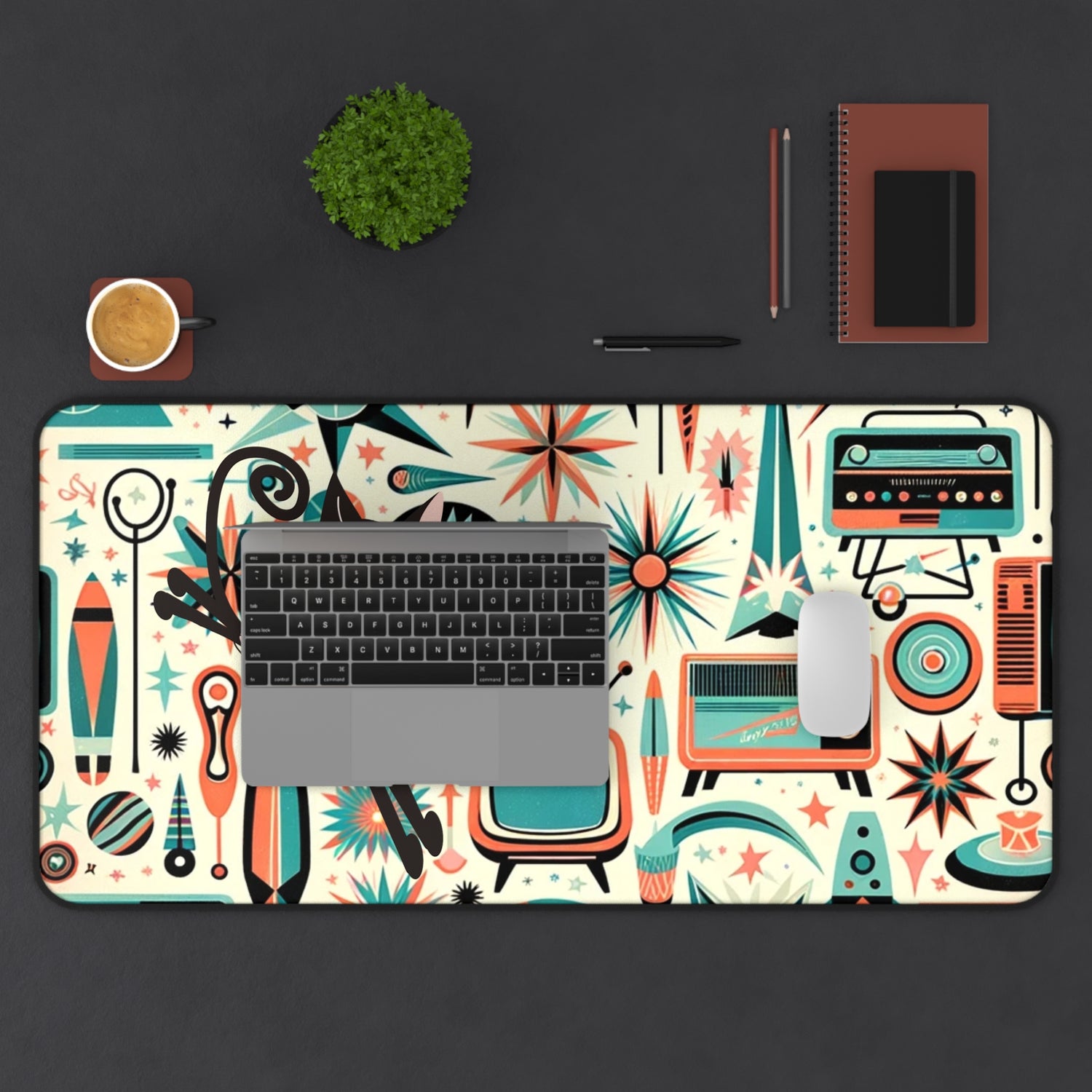 Atomic Space Cat Mid Century Modern  Aqua Coral, Kitschy Desk Mat - Mid Century Modern Gal