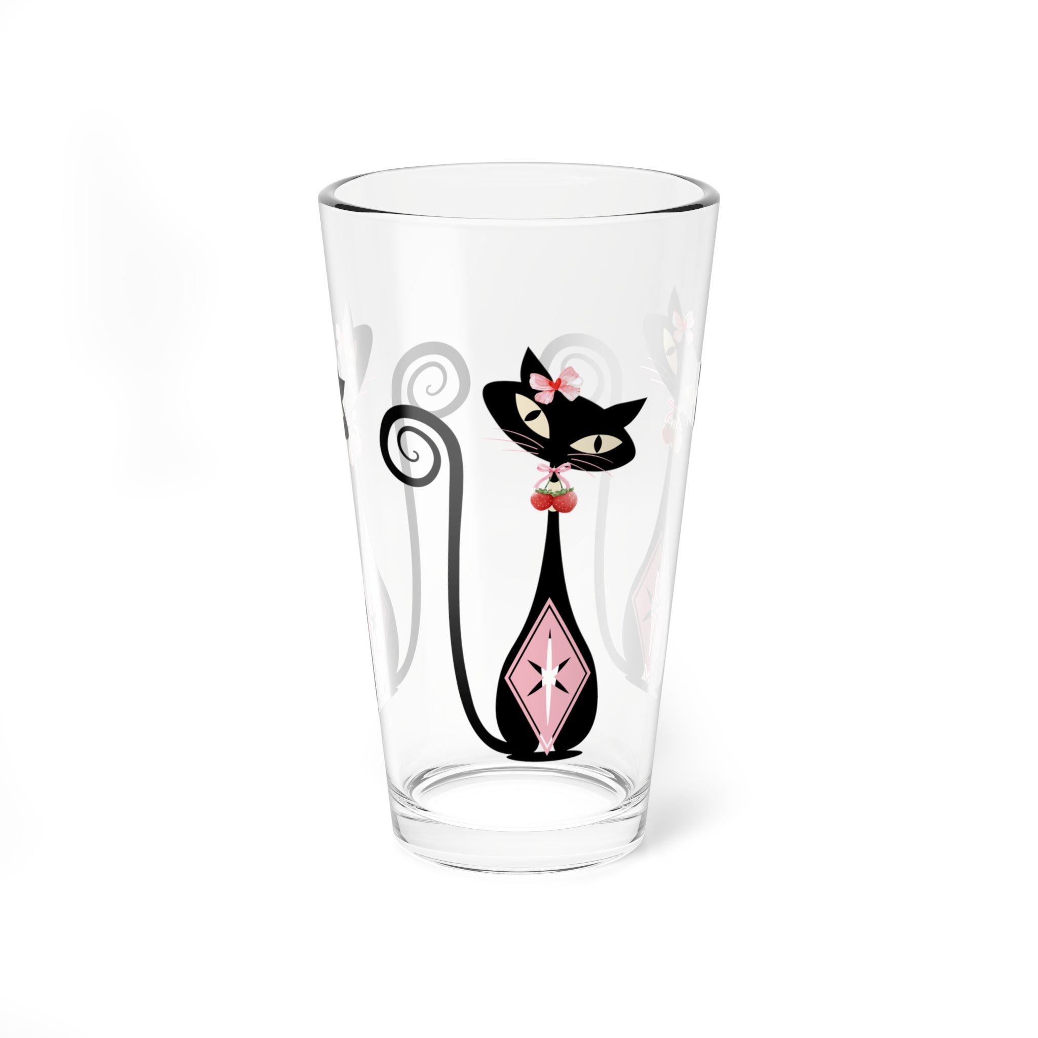 Atomic Cat, Strawberry Love Whimsical Cat Mixing Glass - Perfect for Cat Lovers & Entertaining - Mid Century Modern Gal