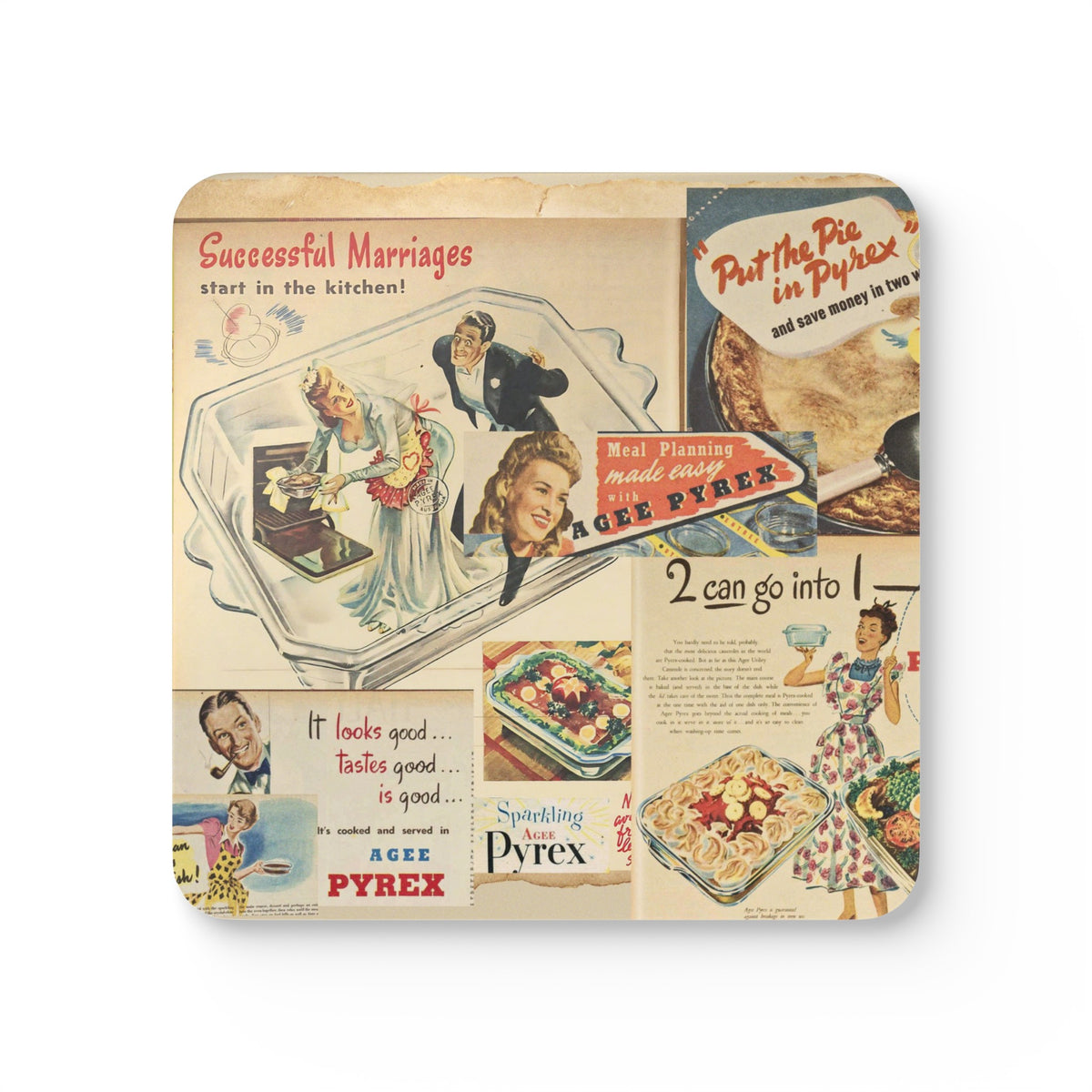 Vintage Pyrex Kitchen Ads, 50's Retro Mod Corkwood Coaster Set - Mid Century Modern Gal