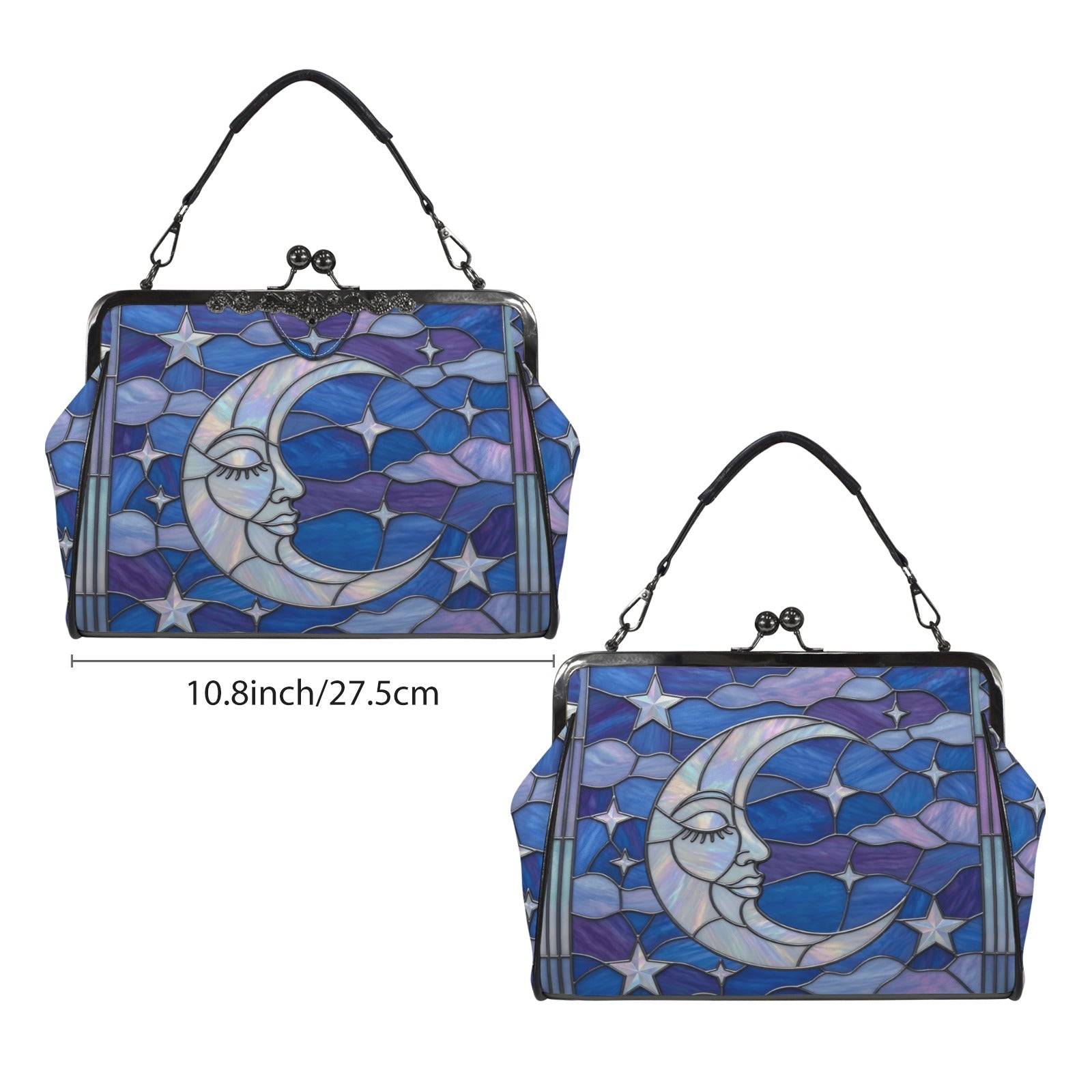 Halloween Stained Glass Style Night Sky Moon Stars Clouds Kisslock Crossbody Purse - Mid Century Modern Gal