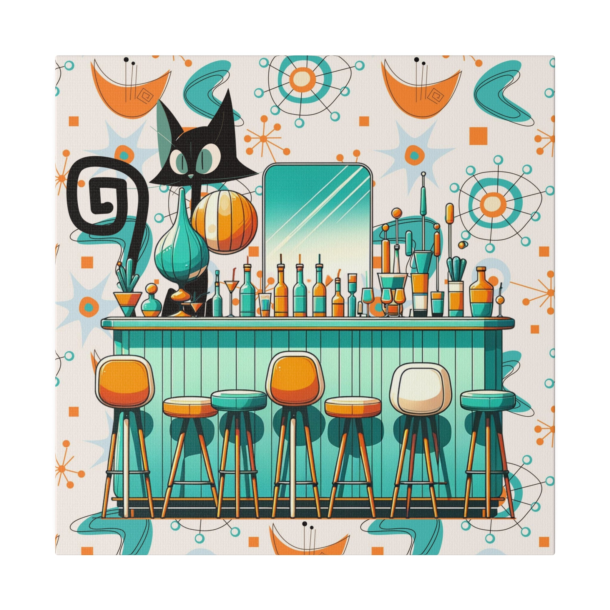 Atomic Cat, Mid Century Modern Kitschy Bar, Orange, Teal Mid Century Modern Wall Art - Mid Century Modern Gal