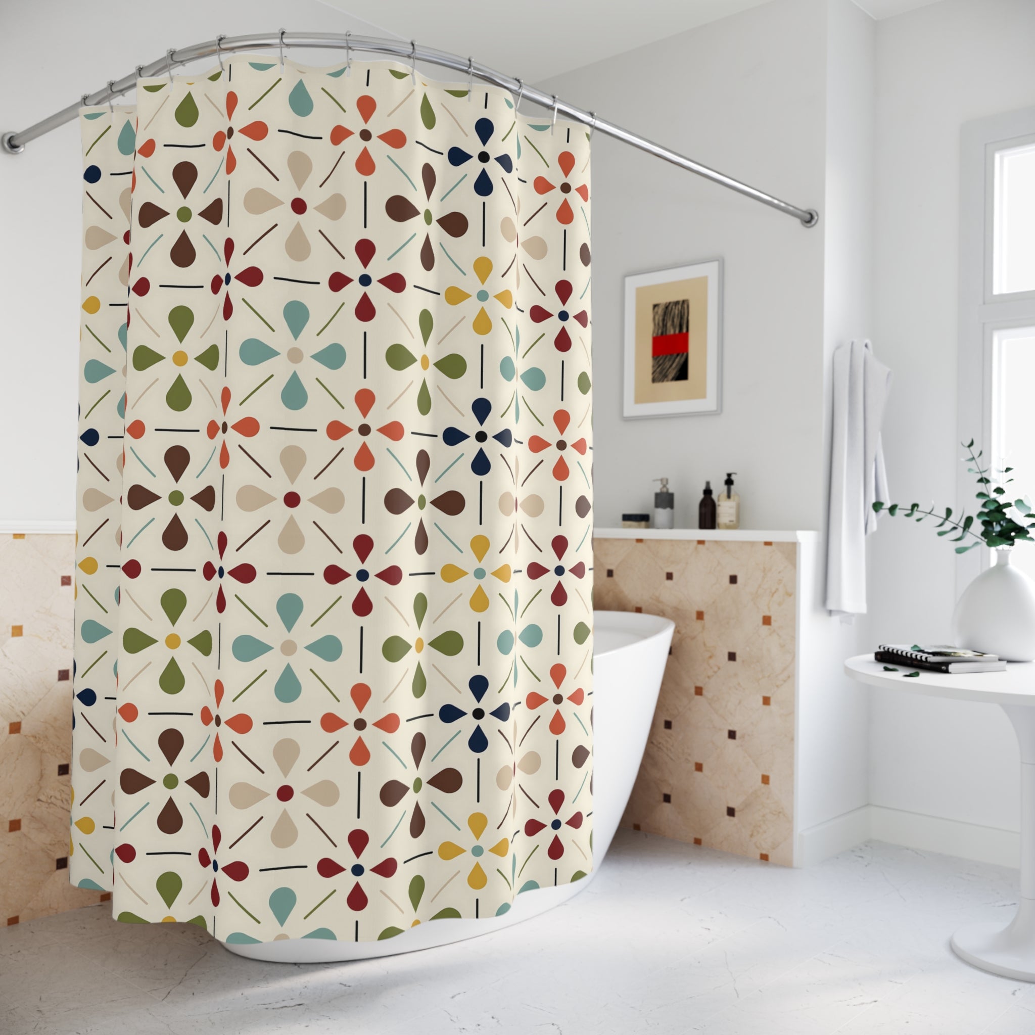 Scandinavian Floral Mid Century Modern Shower Curtain - Vintage-Inspired Bathroom Decor - Mid Century Modern Gal