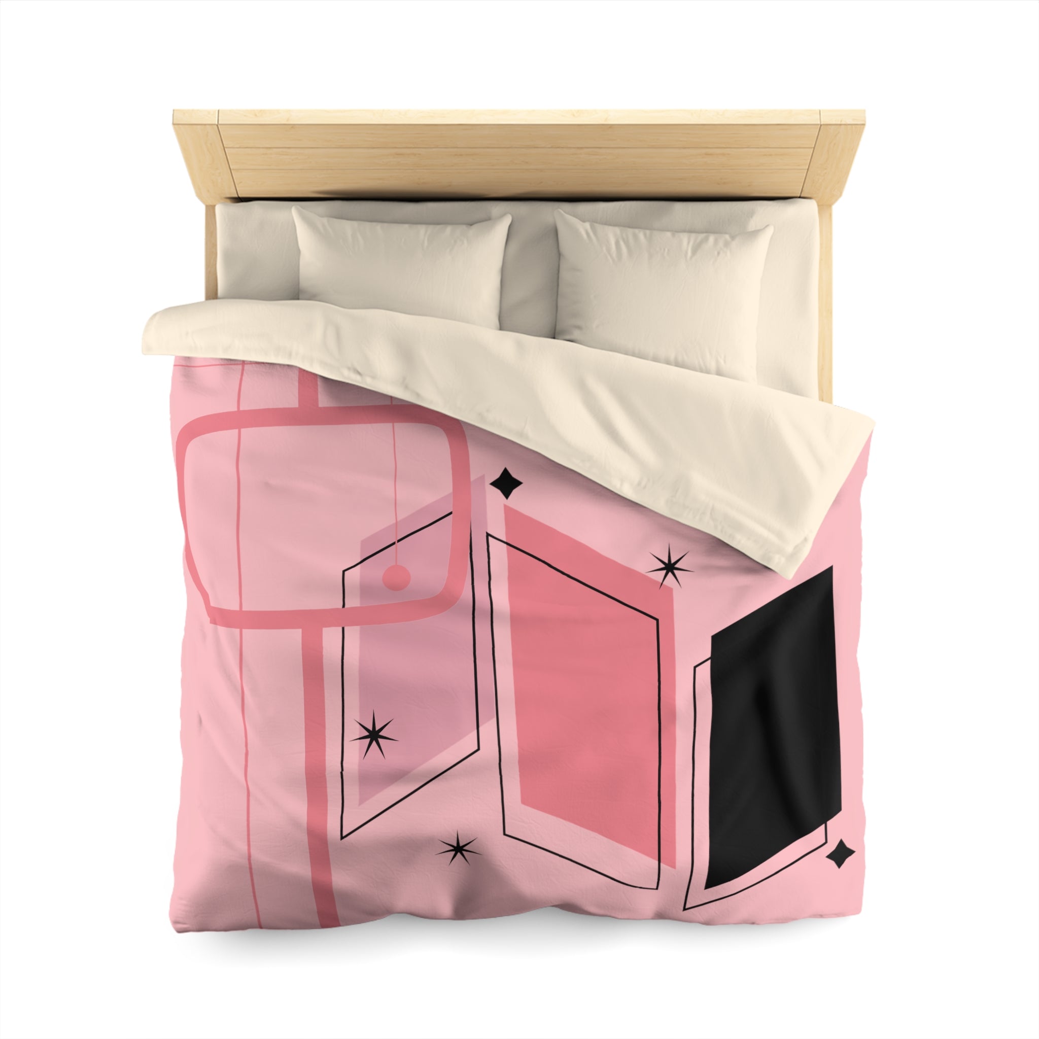 Atomic Pink Mid Century Modern Duvet Cover, Black, Starburst Geometric Retro Room Decor - Mid Century Modern Gal