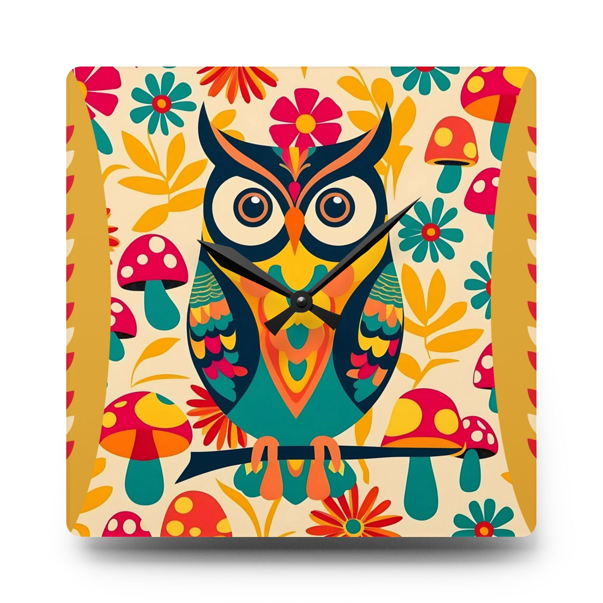 Colorful Retro Boho Owl, Groovy Mushrooms Acrylic Wall Clock - Whimsical Home Decor for Nature Lovers - Mid Century Modern Gal
