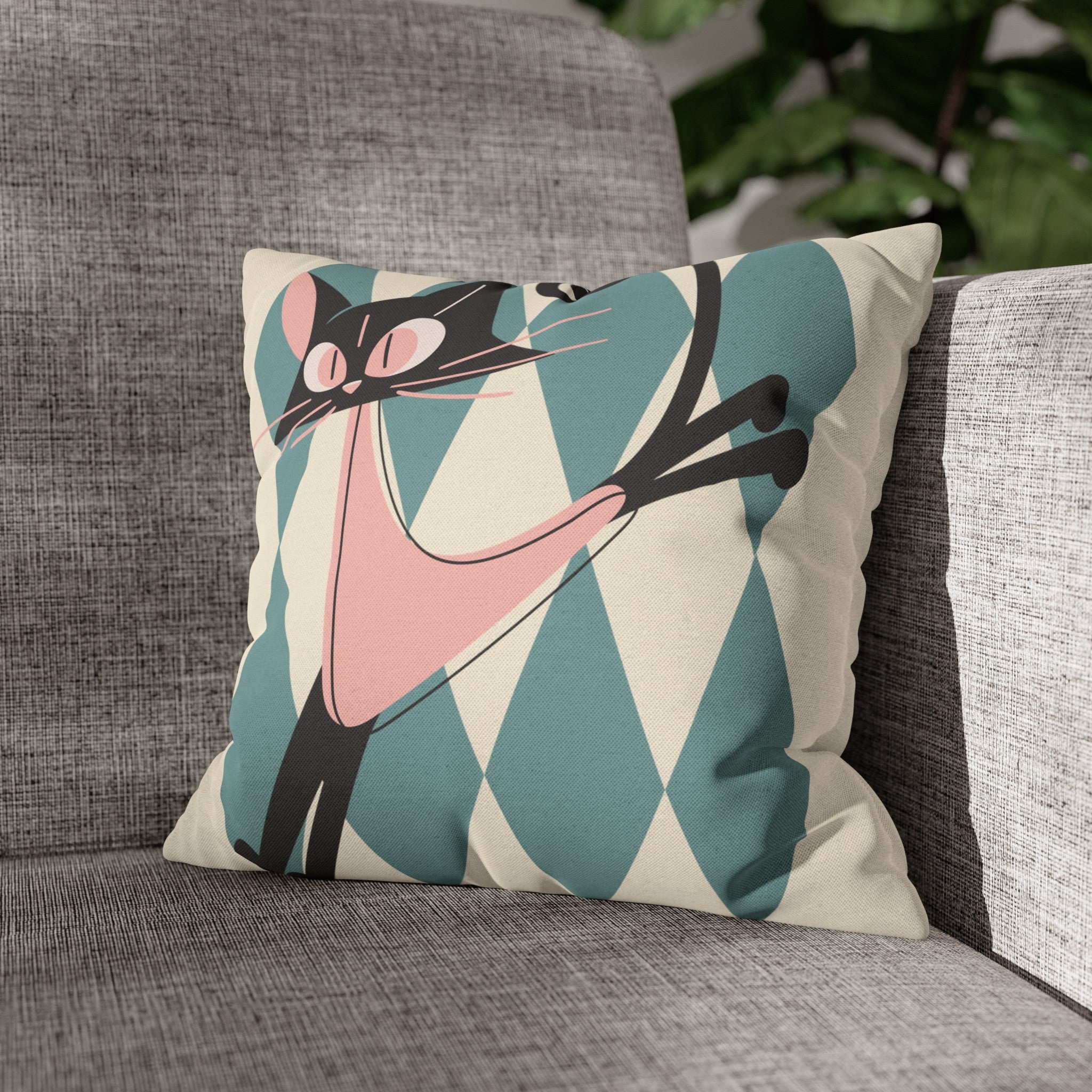 Atomic Kittie, Boomerang Mid Mod Atomic Cat, Harlequin Diamond Kitschy Pillow Cover - Mid Century Modern Gal