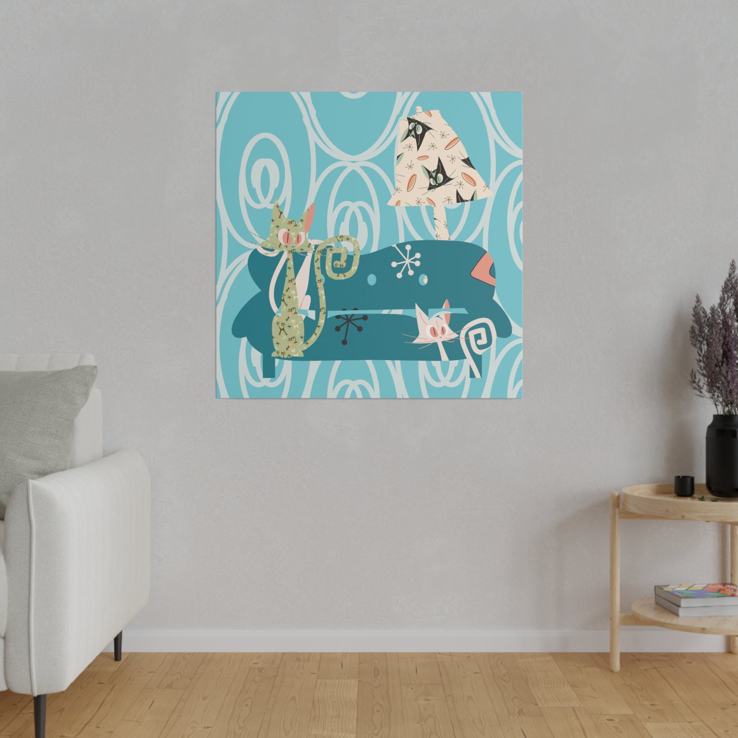 Atomic Cat Art, Quirky Kitschy Blue, Green,  Teal Mid Century Modern Wall Art - Mid Century Modern Gal
