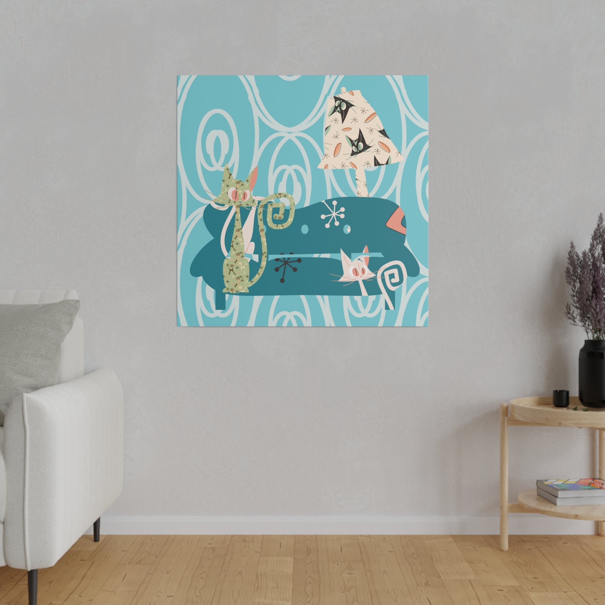 Atomic Cat Art, Quirky Kitschy Blue, Green, Teal Mid Century Modern Wall Art - Mid Century Modern Gal