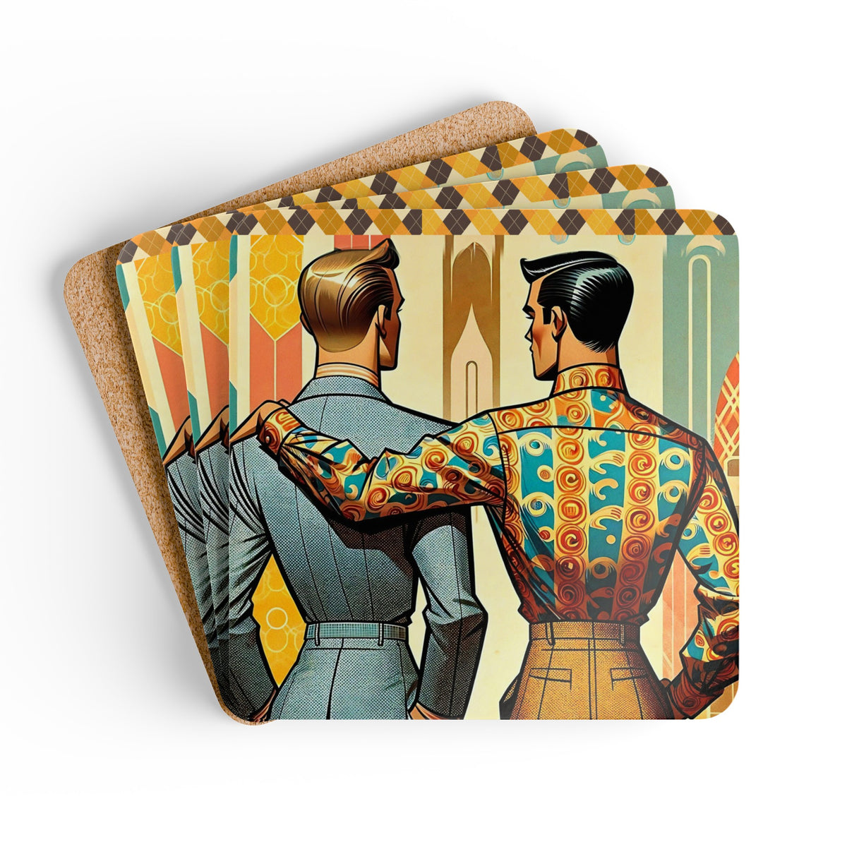 Mid Century Modern Tabletop Gentleman Gay Male Couple Kitschy Retro Corkwood Coaster Set - Mid Century Modern Gal