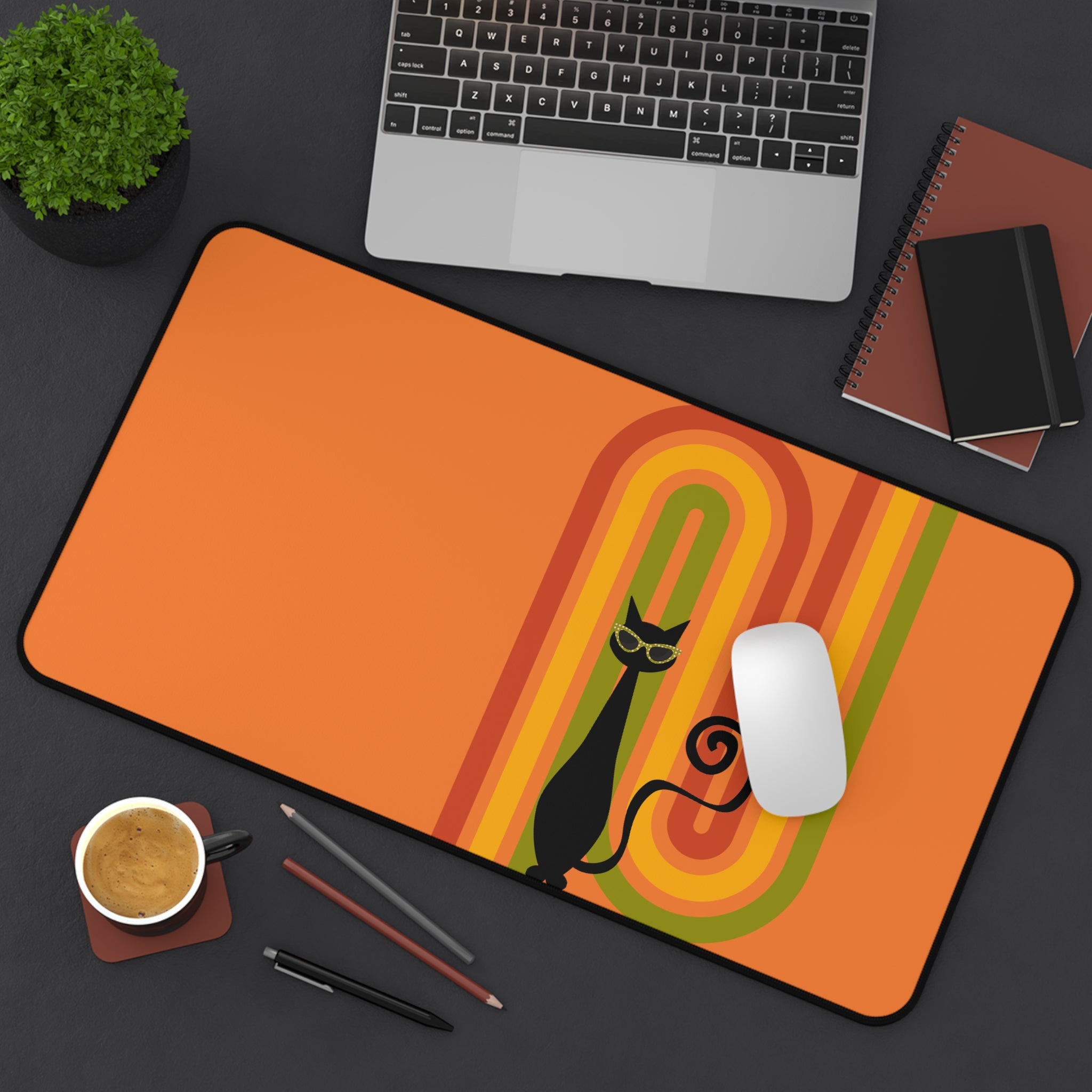 Atomic Cat Retro Orange Groovy Rainbow Mid Century Modern Desk Mat - Mid Century Modern Gal