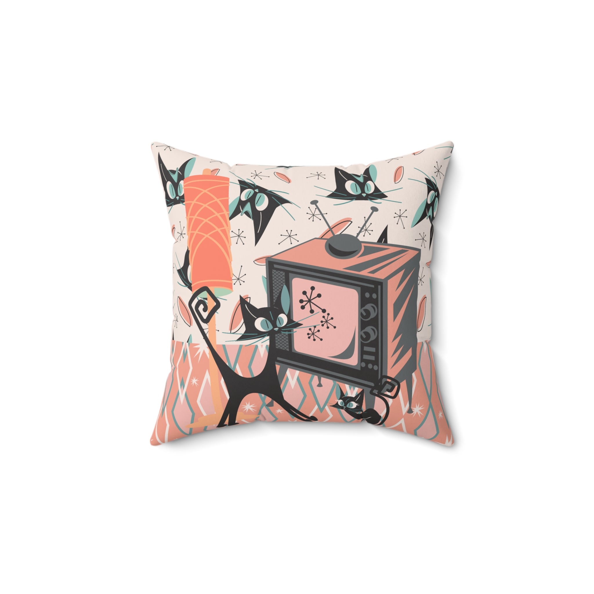 Atomic Cat Pillow, Retro TV, Kitschy Fun, Whimsical Quirky 50s Mid Century Modern Pillow And Insert, Coral Pink, Teal, Creamy Beige - Mid Century Modern Gal