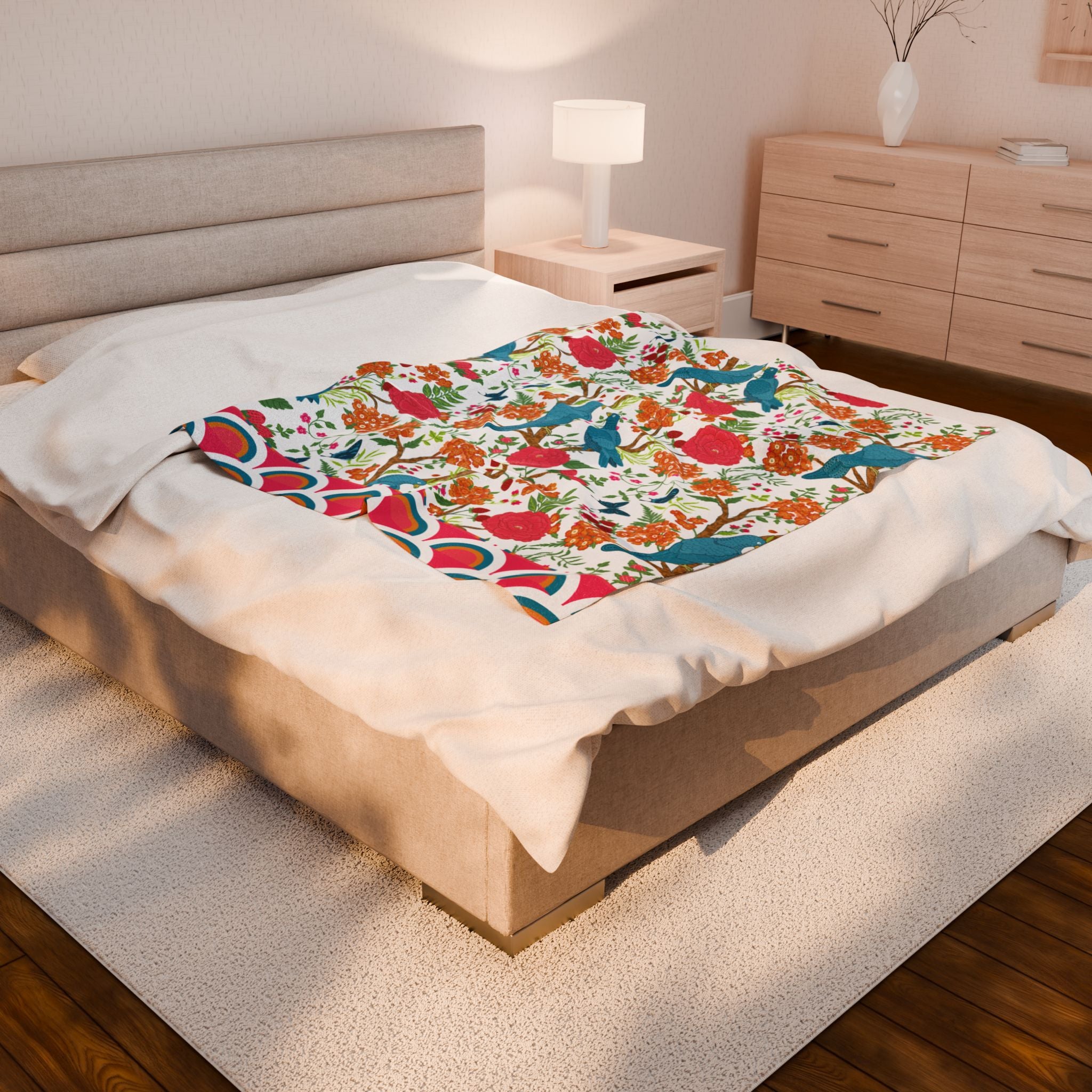 Chinoiserie Throw Blanket, Blue Pink, Birds Tropical Floral Velveteen Plush Blanket - Cozy Decor for Home - Mid Century Modern Gal
