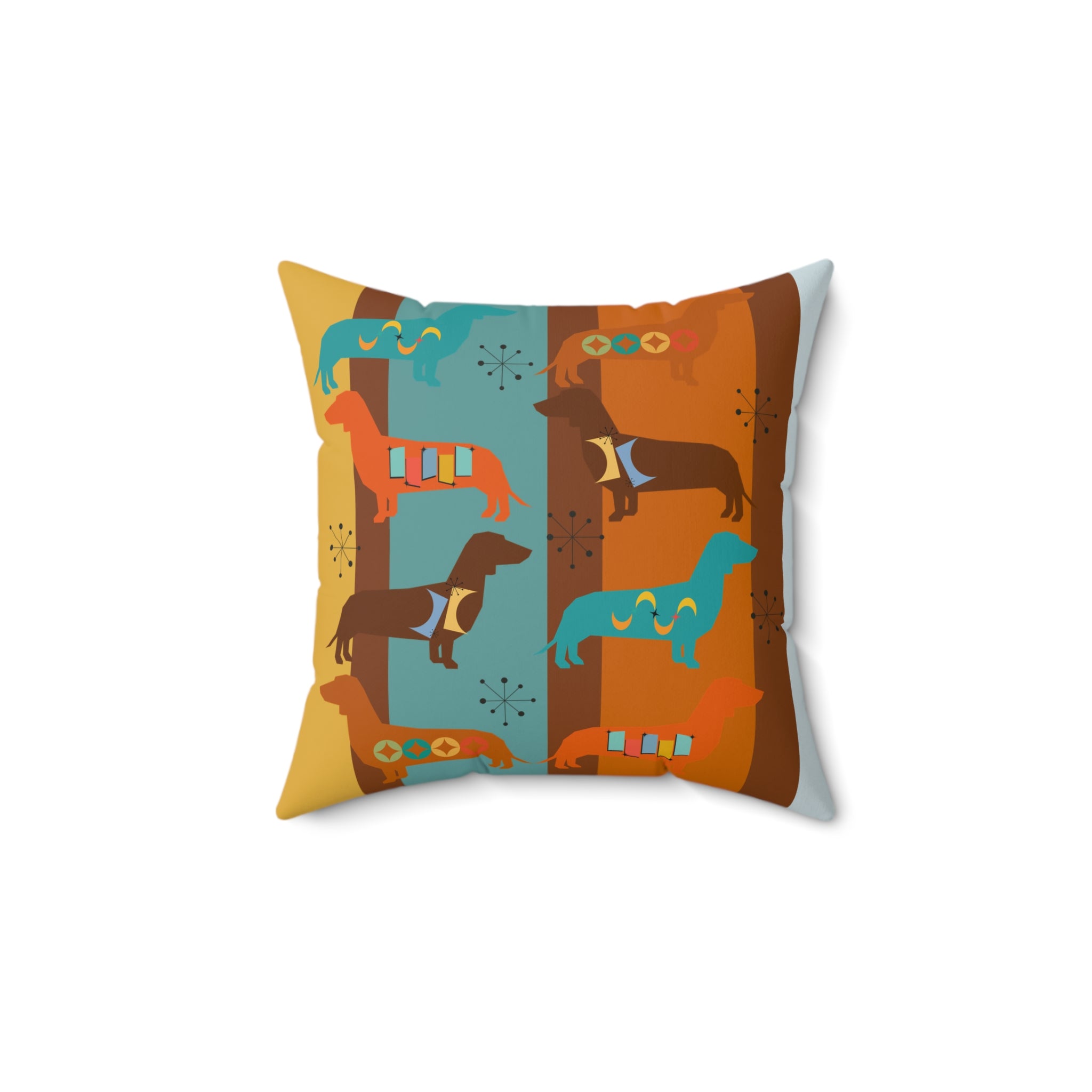 Doxie Dog, Dachshund Lover, Retro Colorful Dog-Themed Square Pillow - Cozy Home Decor - Mid Century Modern Gal