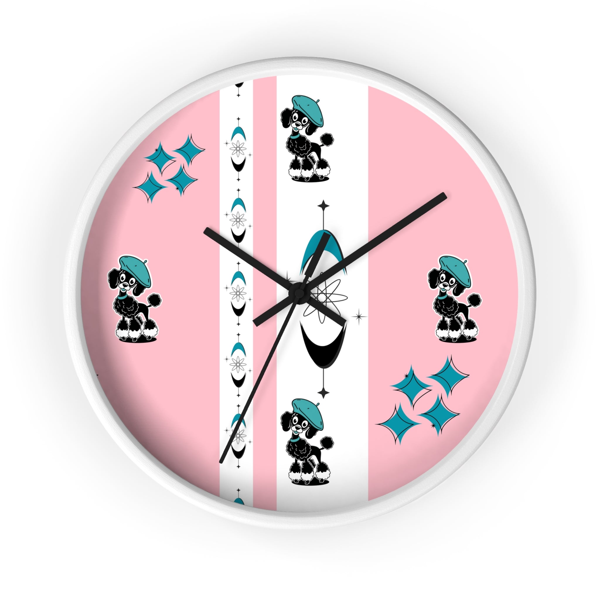 Mid Century Modern Atomic Pink Starburst Wall Clock with Cute Retro Mod Poodle Design - Mid Century Modern Gal
