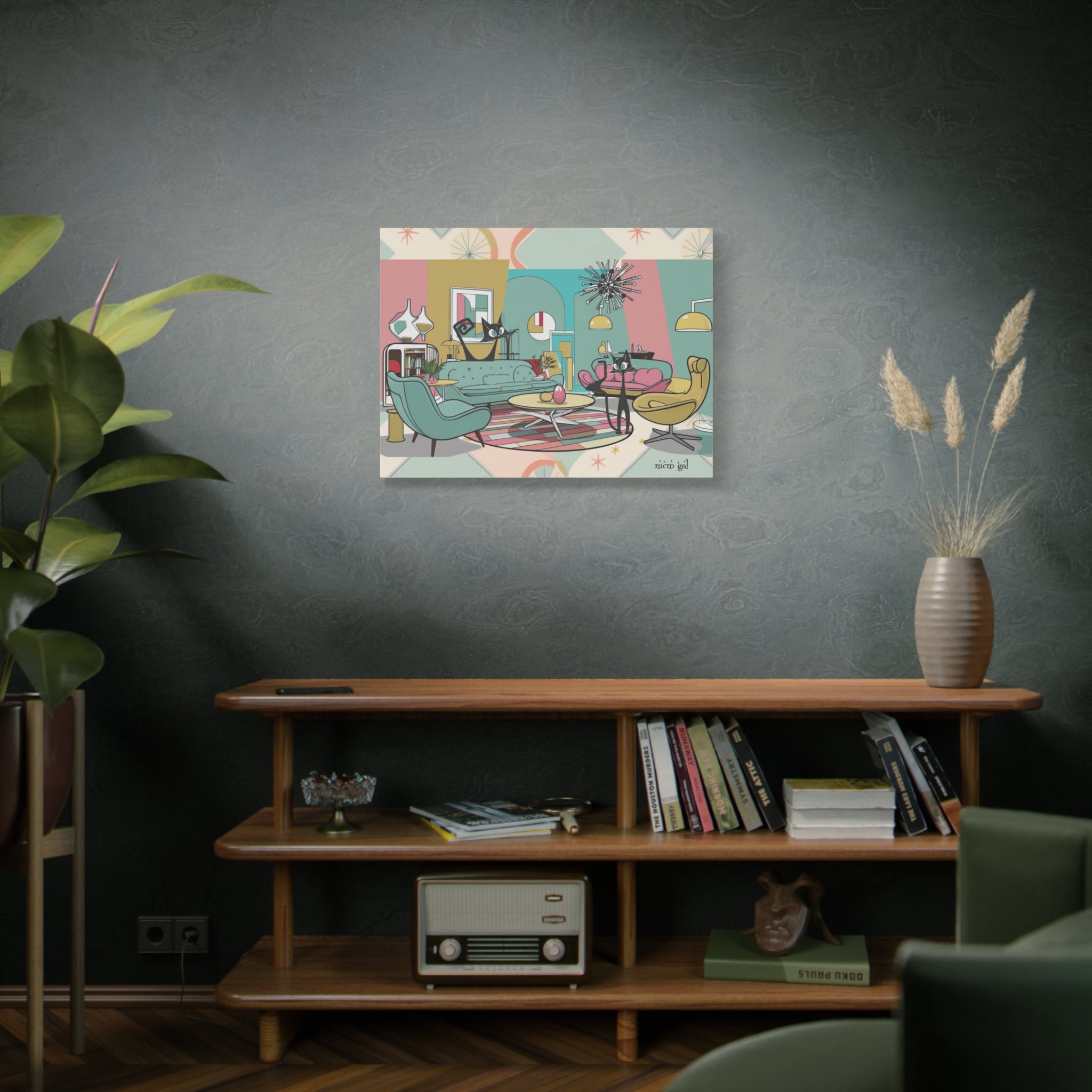Mid-Century Modern Atomic Cat Kitschy Mod Living Room, Aqua, Pink, Starburst Original Art By MCM GAL - Mid Century Modern Gal