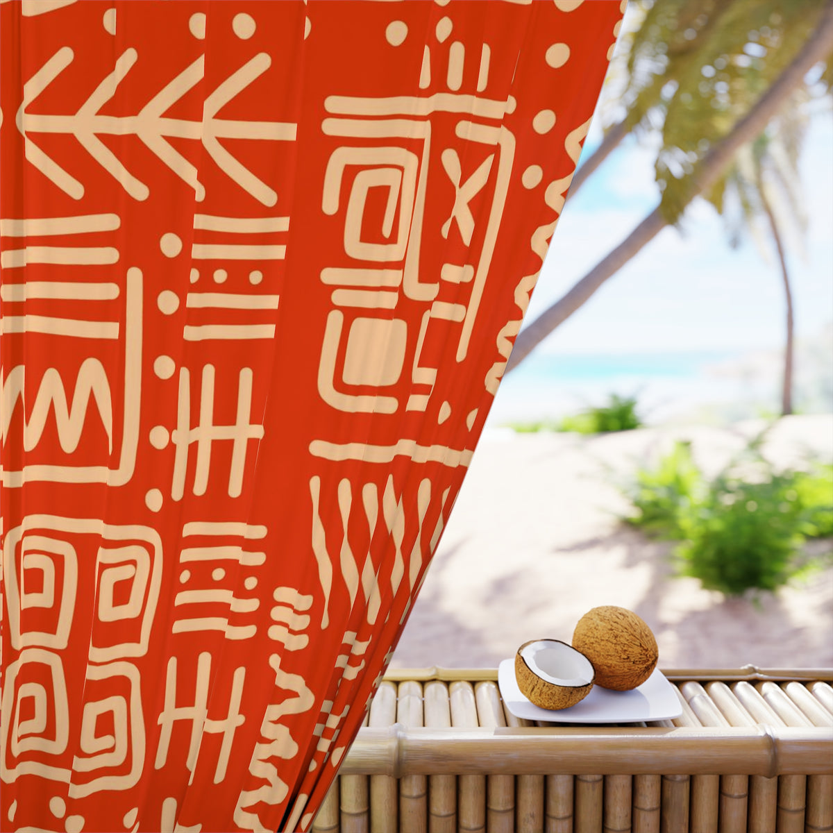 Retro Tiki Home Decor, Dark Orange, Beige, Abstract Art Design, Mid Mod Custom Window Curtains (1 Piece) - Mid Century Modern Gal