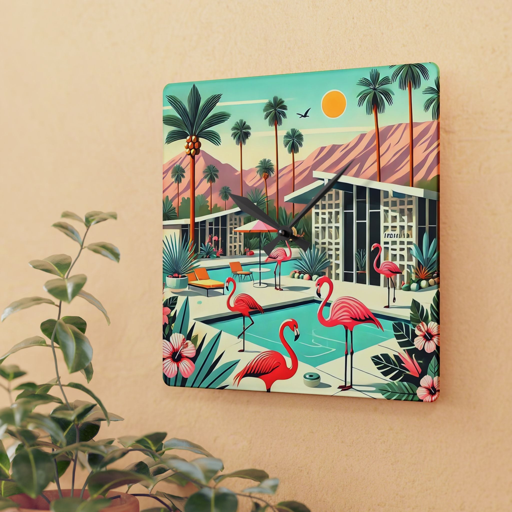Palm Beach California Flamingo Clock, Kitsch Mod Acrylic Wall Clock - Mid Century Modern Gal