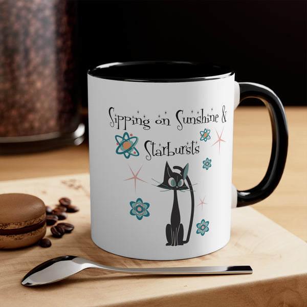 Atomic Cat Coffee Mug, Sipping On Sunshine, Mid Century Modern Style, Atoms, Starbursts Gifts For Couples, Mom, Mid Mod Friend