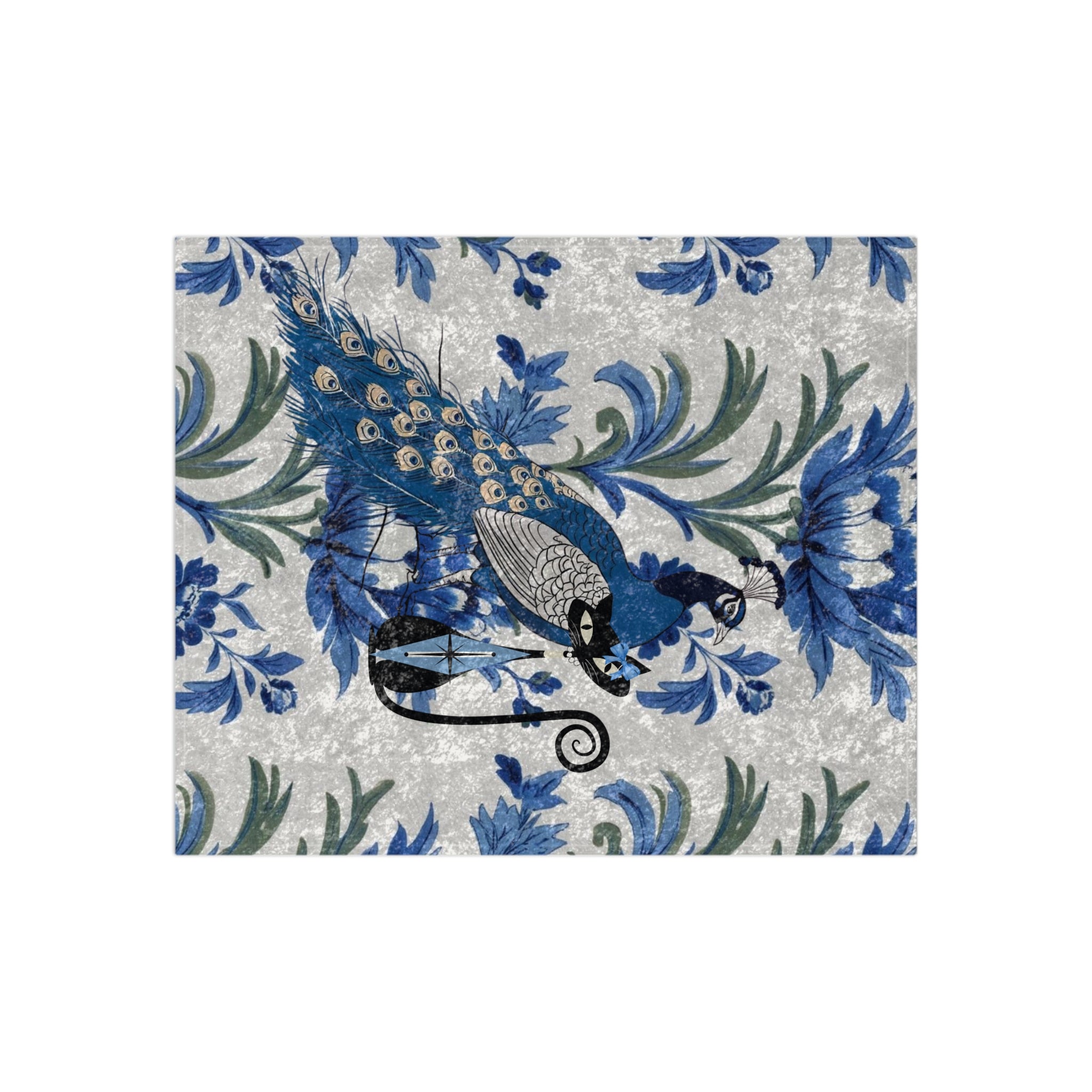 Chinoiserie Elegant Peacock, Atomic Cat Crushed Velvet Blanket - Luxurious Throw for Home Décor - Mid Century Modern Gal