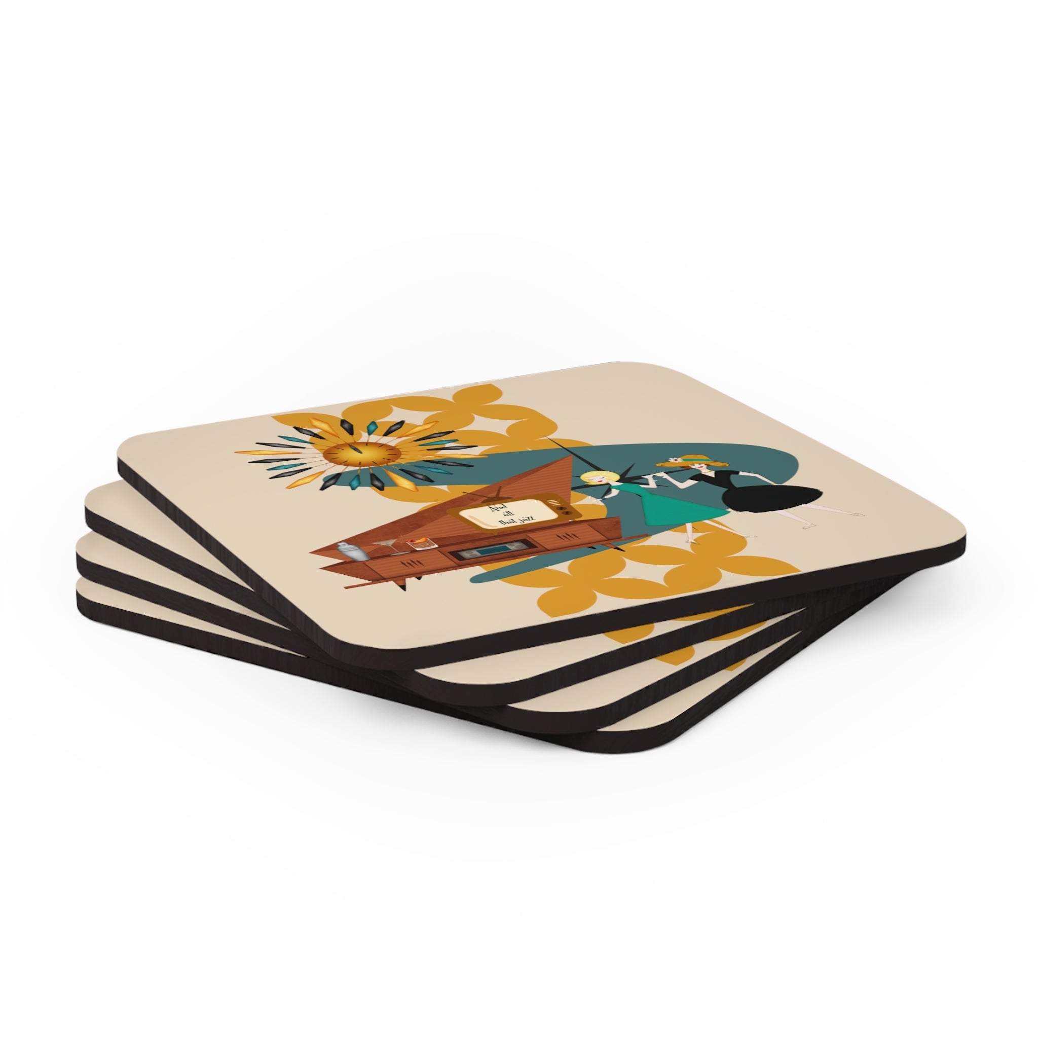 Mid Century Modern Modern Gals, Lesbian Couple Gifts, Breeze Block Kitschy Cocktail Hour Corkwood Coaster Set - Mid Century Modern Gal