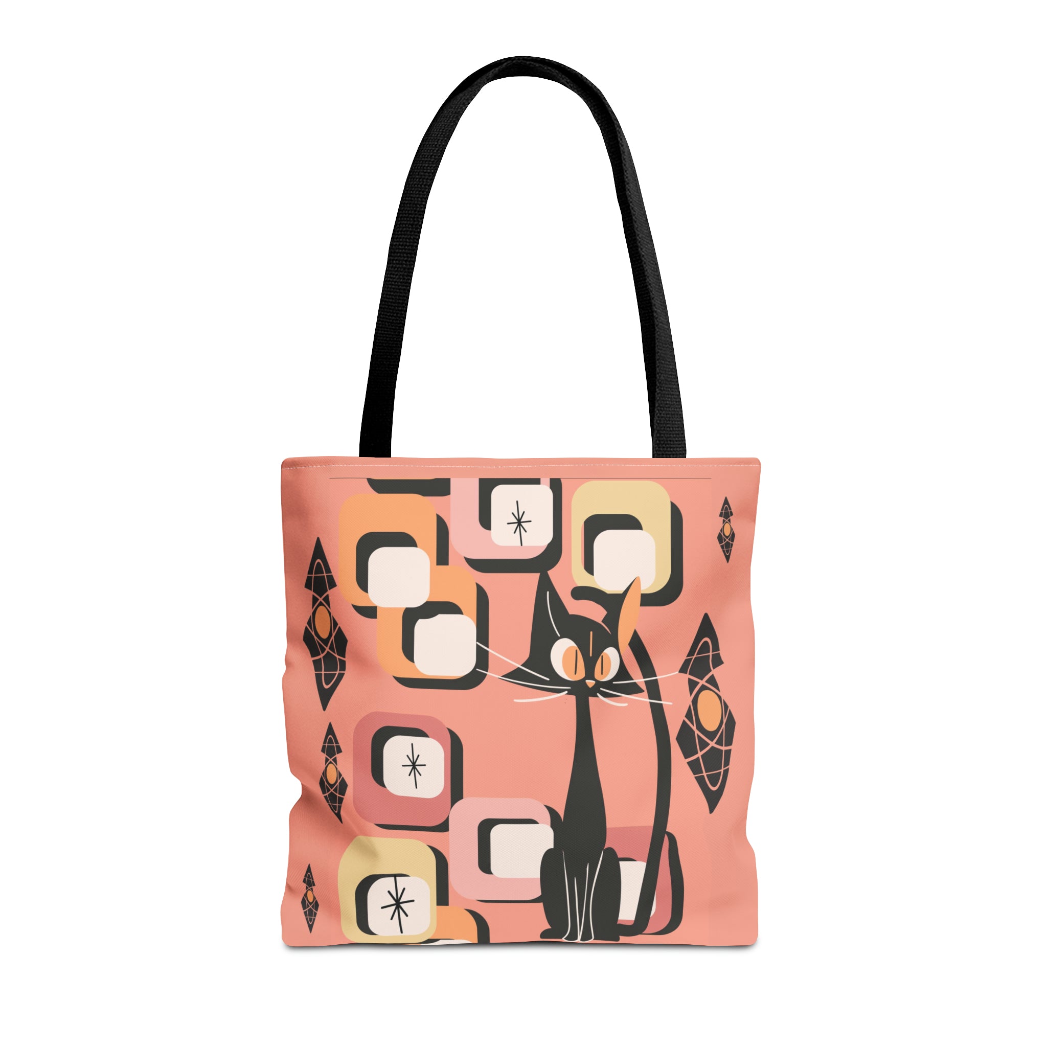 Atomic Cat Tote Bag, Coral Color, Mid Century Modern Geometric Designs, Mid Mod Retro Apparel - Mid Century Modern Gal