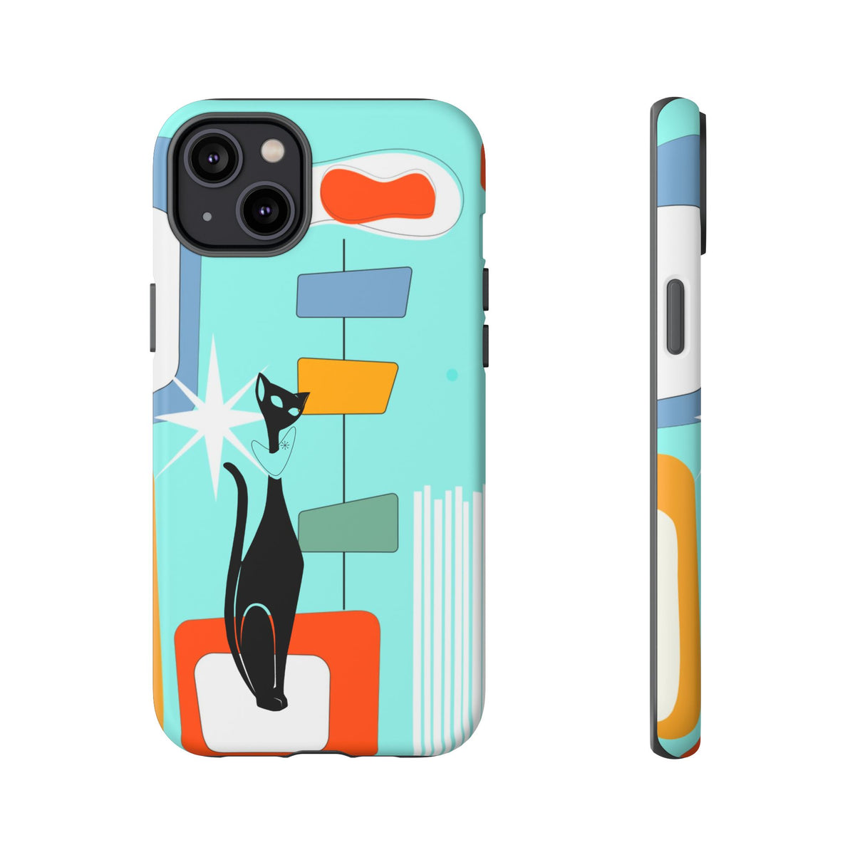 Atomic Cat, Mid Mod Aqua Blue, Geometric, Samsung, Google Pixel, Apple iPhone Tough Cases - Mid Century Modern Gal
