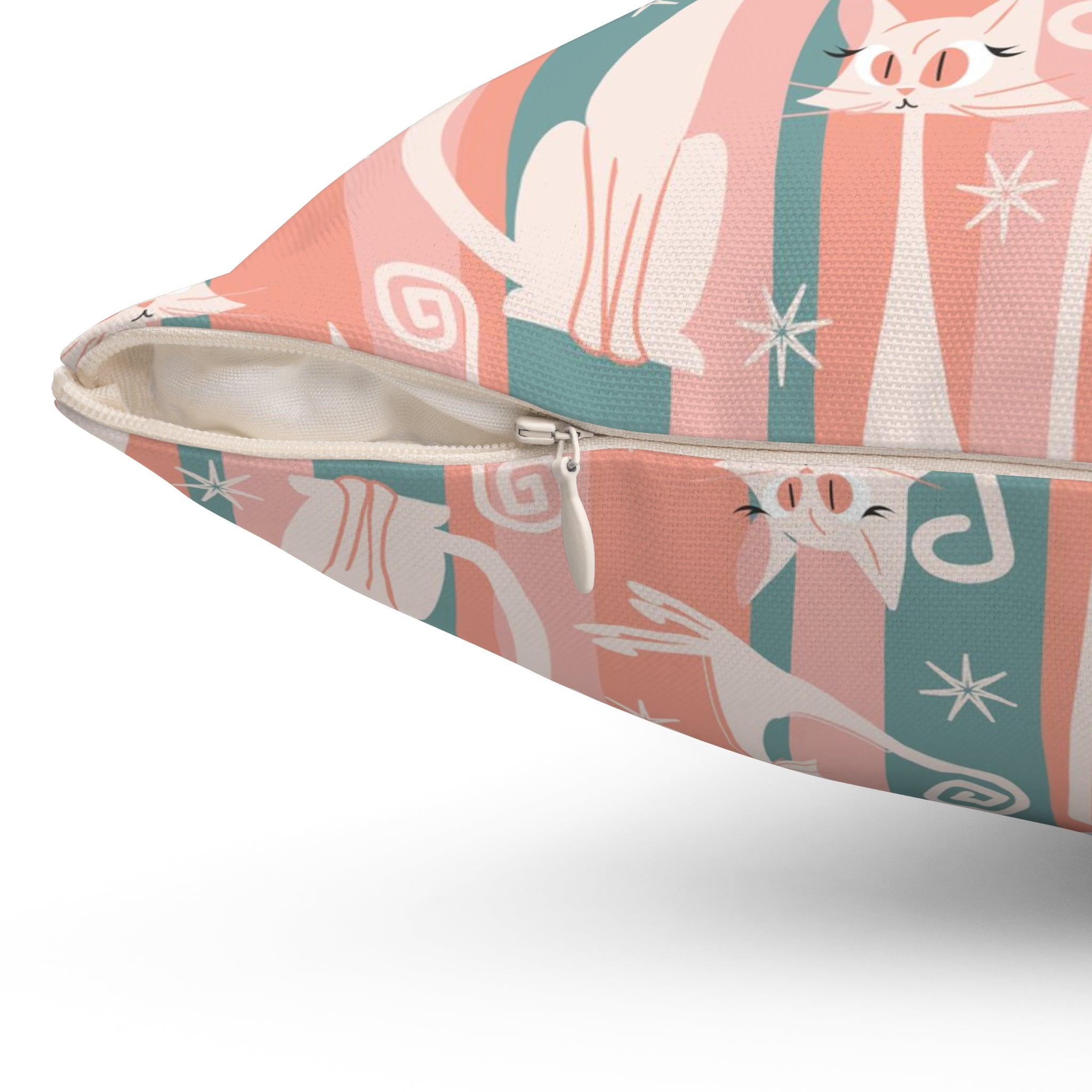 Atomic Cat Coral Pink And Aqua, Kitschy White Kitty Cat, Mid Century Modern Pillow And Insert - Mid Century Modern Gal