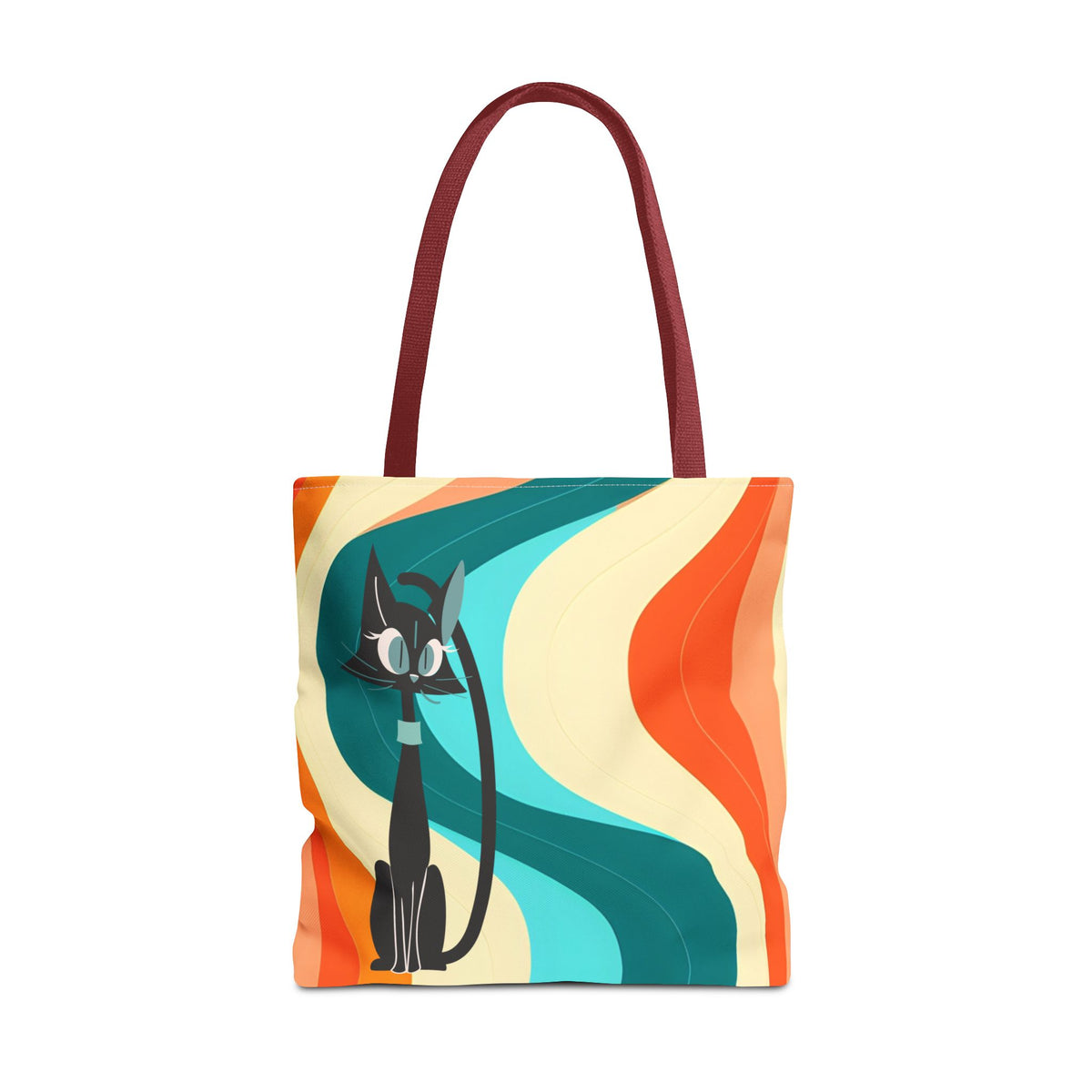 Atomic Cat Mid Mod Groovy Tote Bag featuring a playful black cat design against vibrant retro wave patterns in orange and teal.