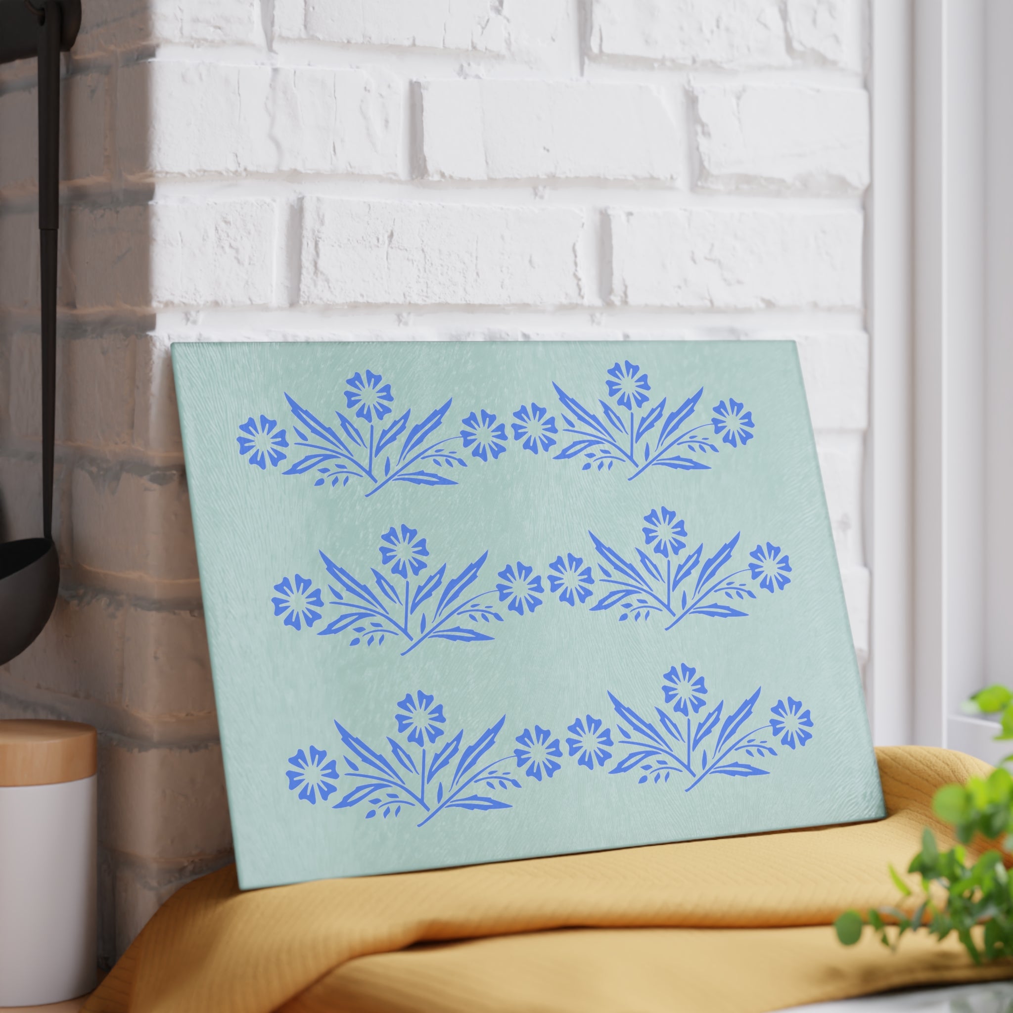 Blue Cornflower Kitschy Kitchen Coriningware Inspired Glass Cutting Board - Mid Century Modern Gal