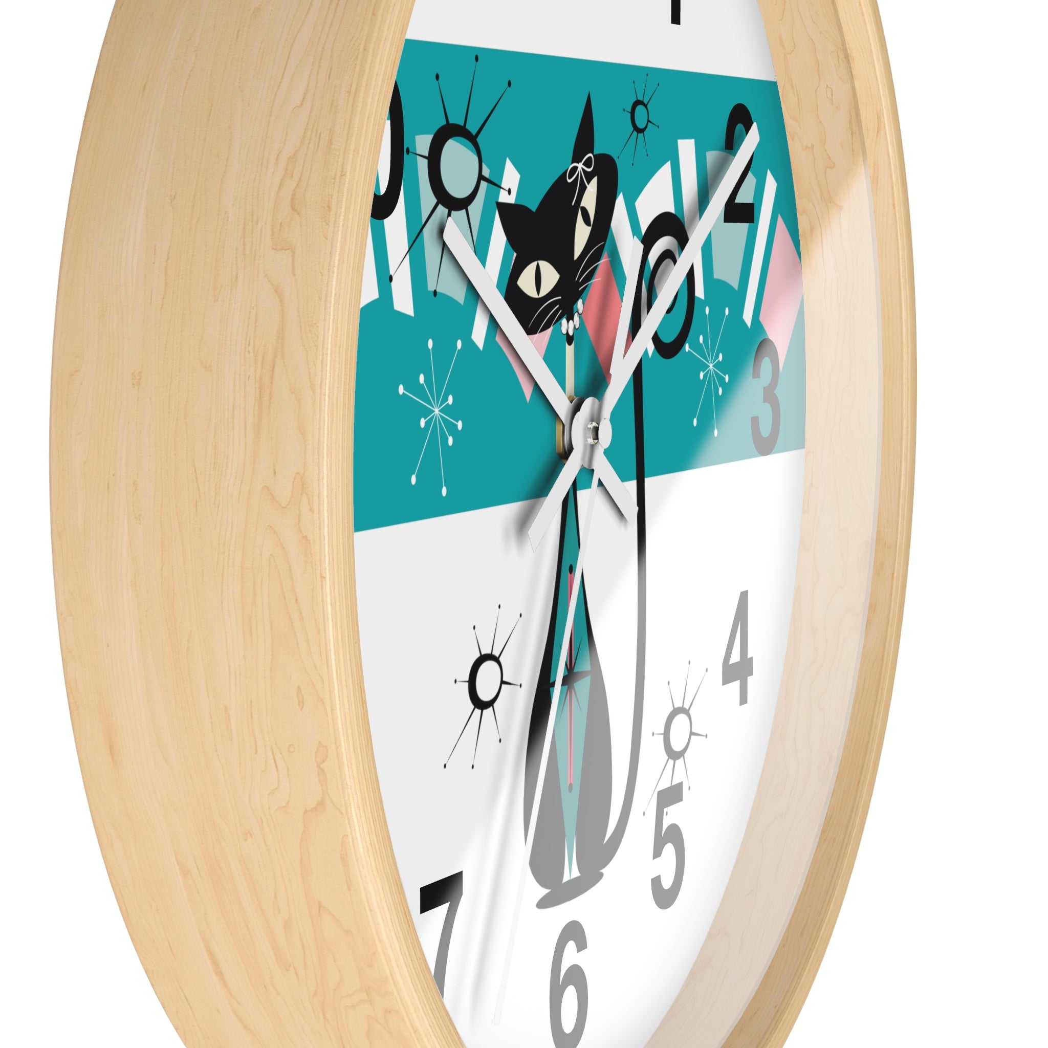 Atomic Cat, Kitschy Retro Mod Minimalist Kitchen, Office, Laundry Room Round Wall Clock - Mid Century Modern Gal