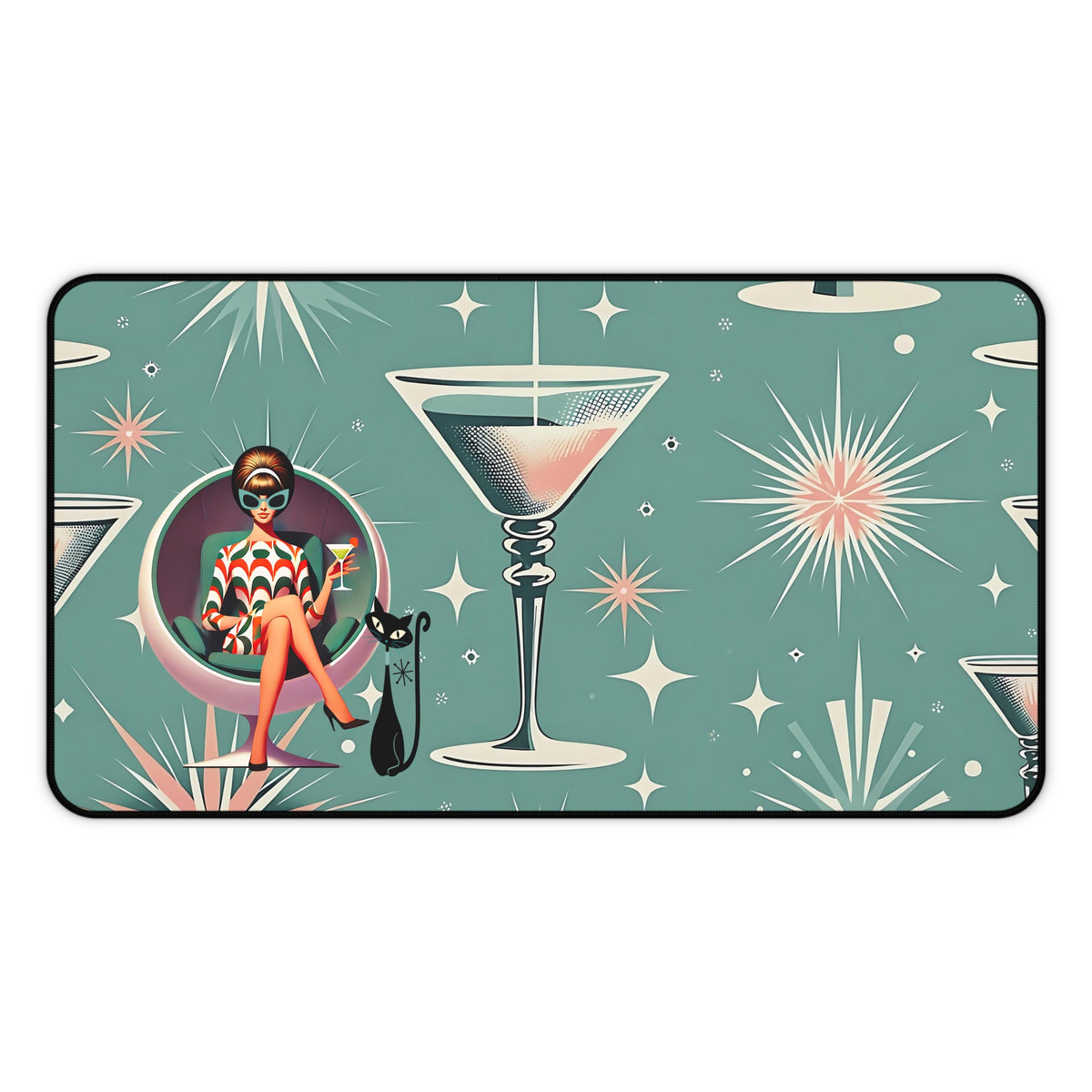 Mid Mod 60s Gal Martini Lover, Atomic Cat Retro Kitsch Desk Mat - Mid Century Modern Gal