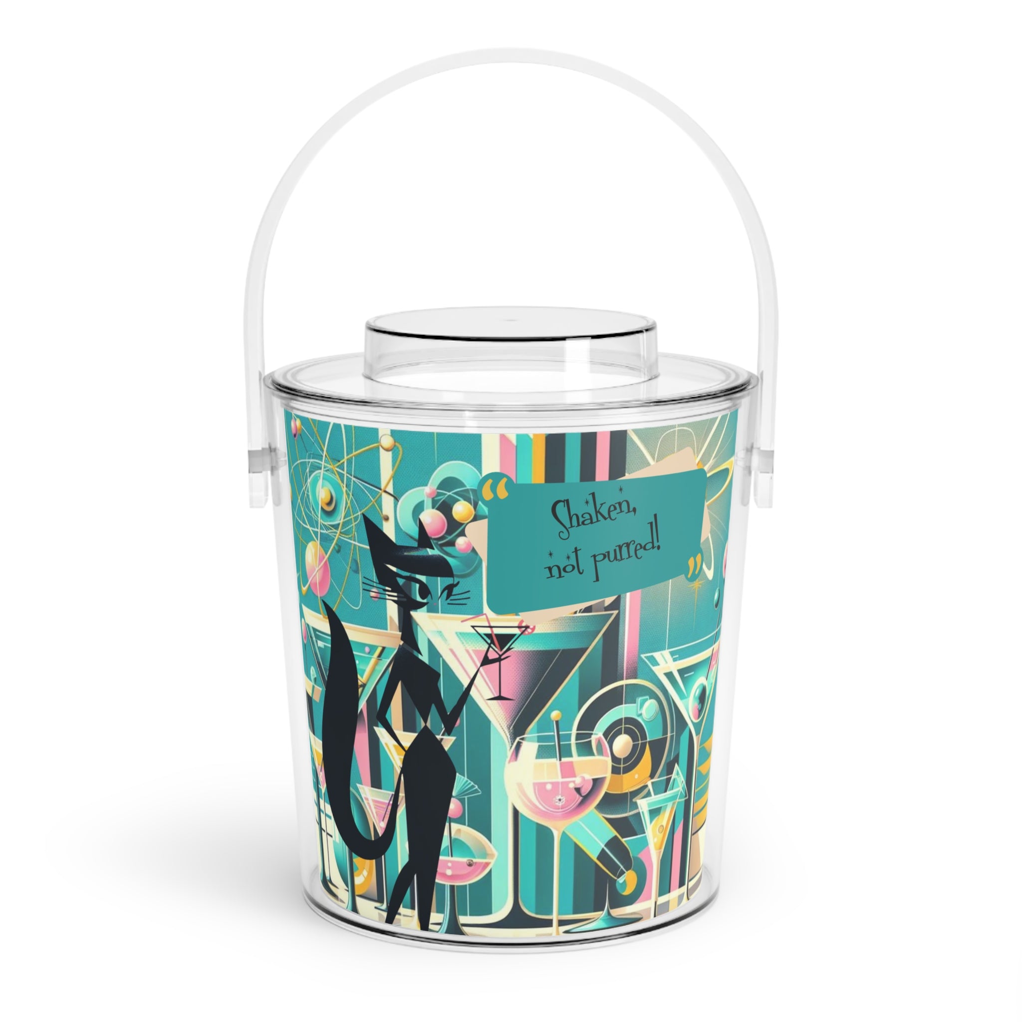 Atomic Sexy Black Cat, Shaken Not Purred, Mid Century Modern Atomic 50s Cocktail Barware MCM Ice Bucket with Tongs - Mid Century Modern Gal