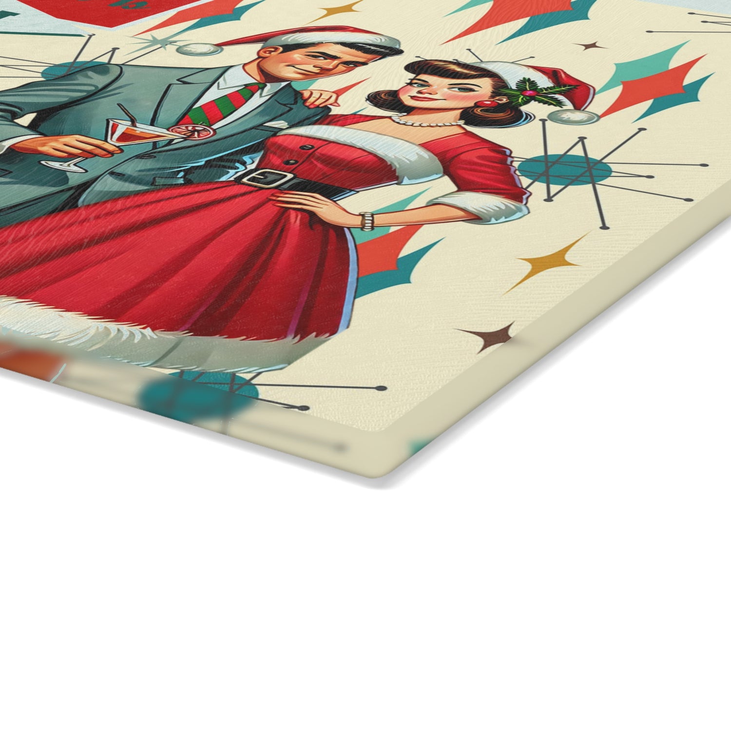 Mid Century Christmas Kitschy 50s Style Cheese Board, Holiday MCM Barware Glass Cutting Board - Mid Century Modern Gal