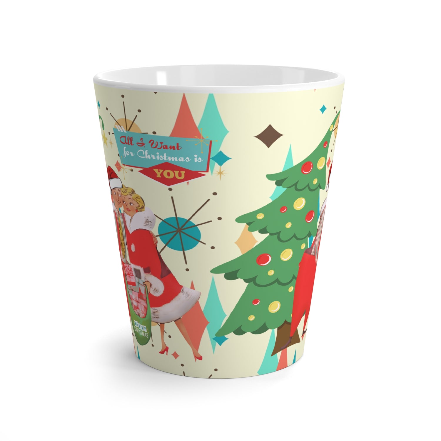 Vintage Christmas Latte Mug, Cozy Holiday Beverage Cup, Perfect Gift for Him & Her, Festive Cups for Christmas, Joyful Coffee Mug - Mid Century Modern Gal
