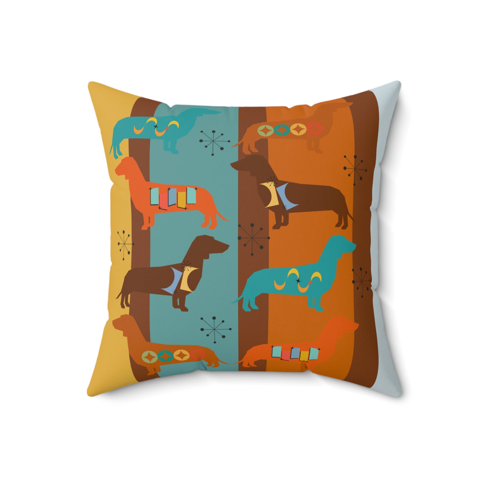 Doxie Dog, Dachshund Lover, Retro Colorful Dog-Themed Square Pillow - Cozy Home Decor - Mid Century Modern Gal