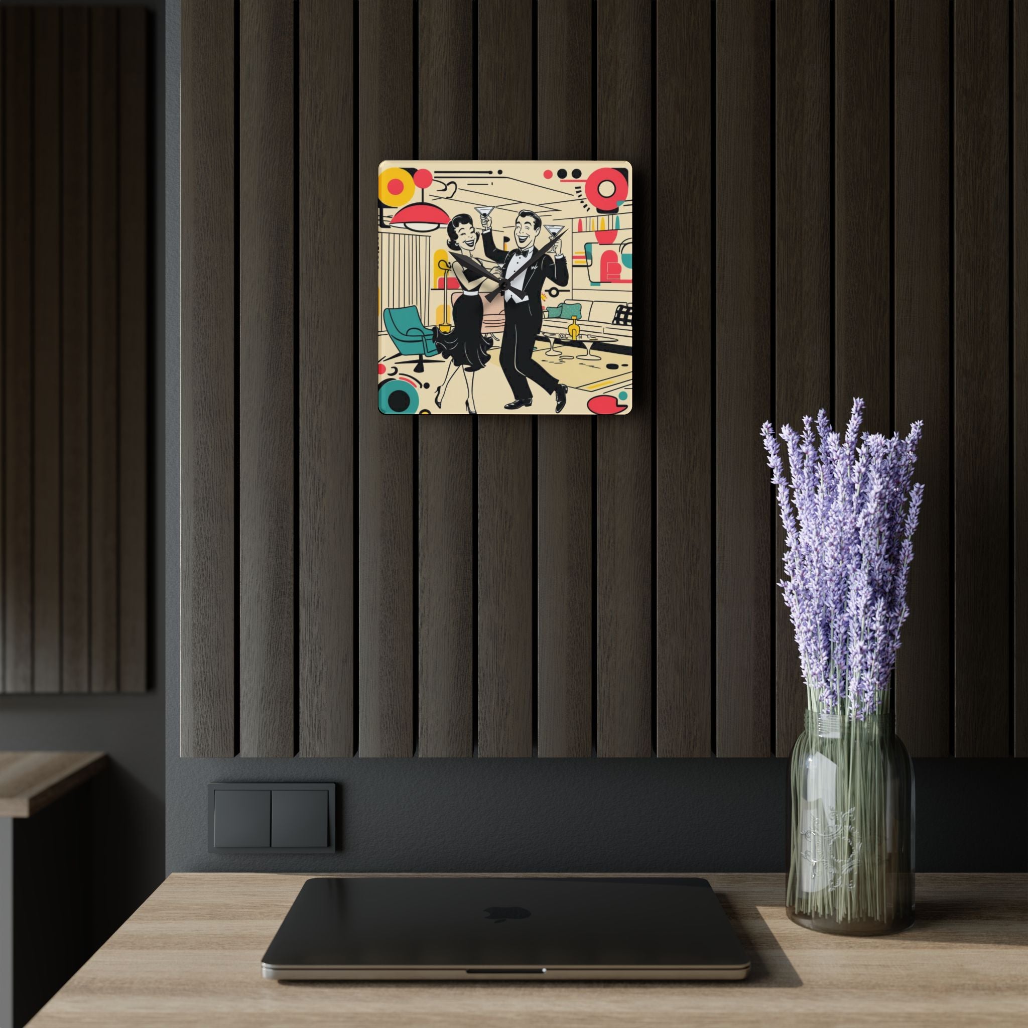 Mid Mod Couple Retro Cocktail Party Acrylic Wall Clock - Fun Vintage Design for Home Decor - Mid Century Modern Gal