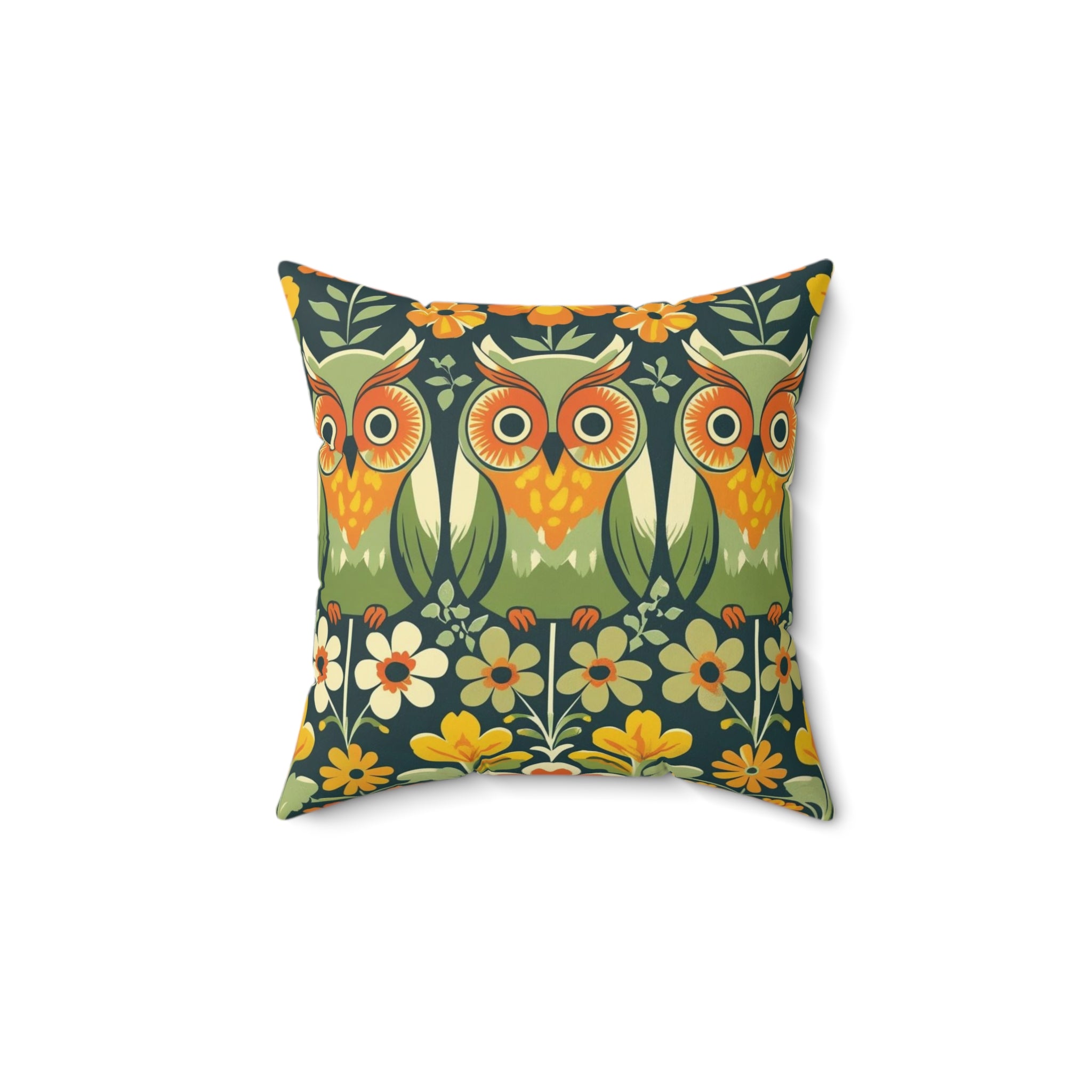 Retro Owl Flower Power Groovy 70s Floral Green, Orange Fall Pillow And Insert - Mid Century Modern Gal