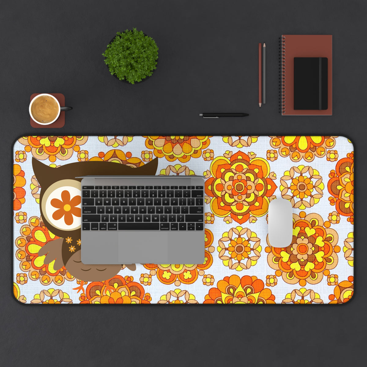 70's Vintage Pattern Orange, Yellow, Retro Owl, Flower Power Groovy Desk Mat - Mid Century Modern Gal