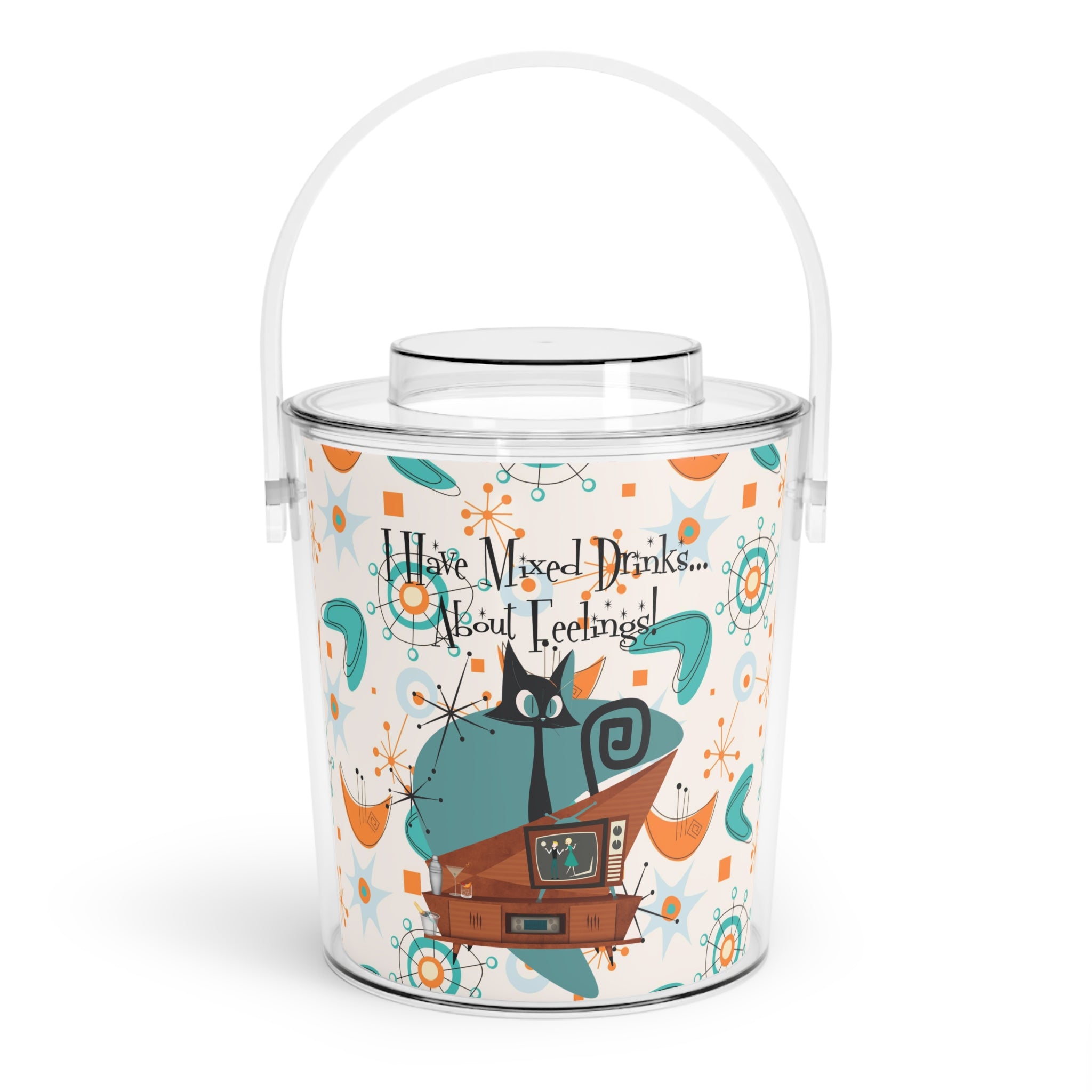 Mid Century Modern Atomic Boomerange Mid Century Barware, Funny Kitschy Saying, I Have Mixed Drinks, About Feelings, Retro Ice Bucket - Mid Century Modern Gal