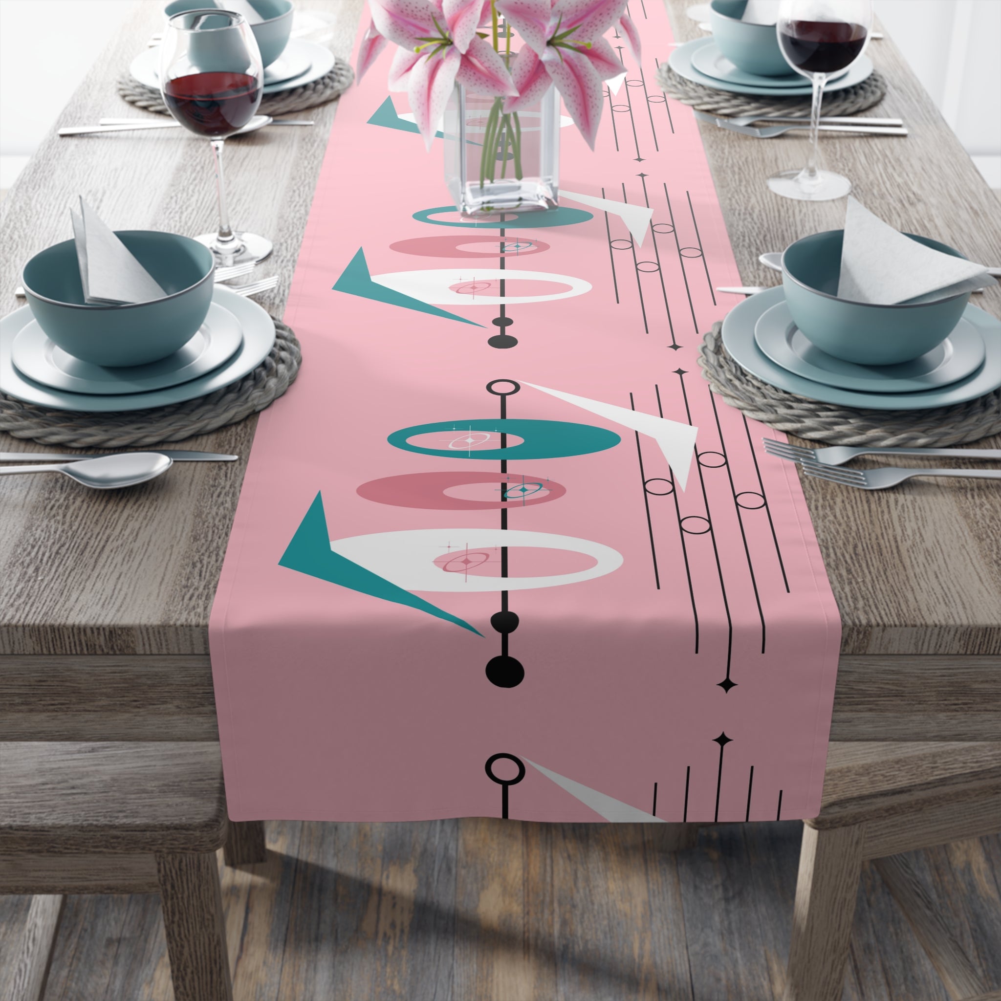 Atomic Pink, Teal Mid Century Modern Abstract Table Runner - Mid Century Modern Gal