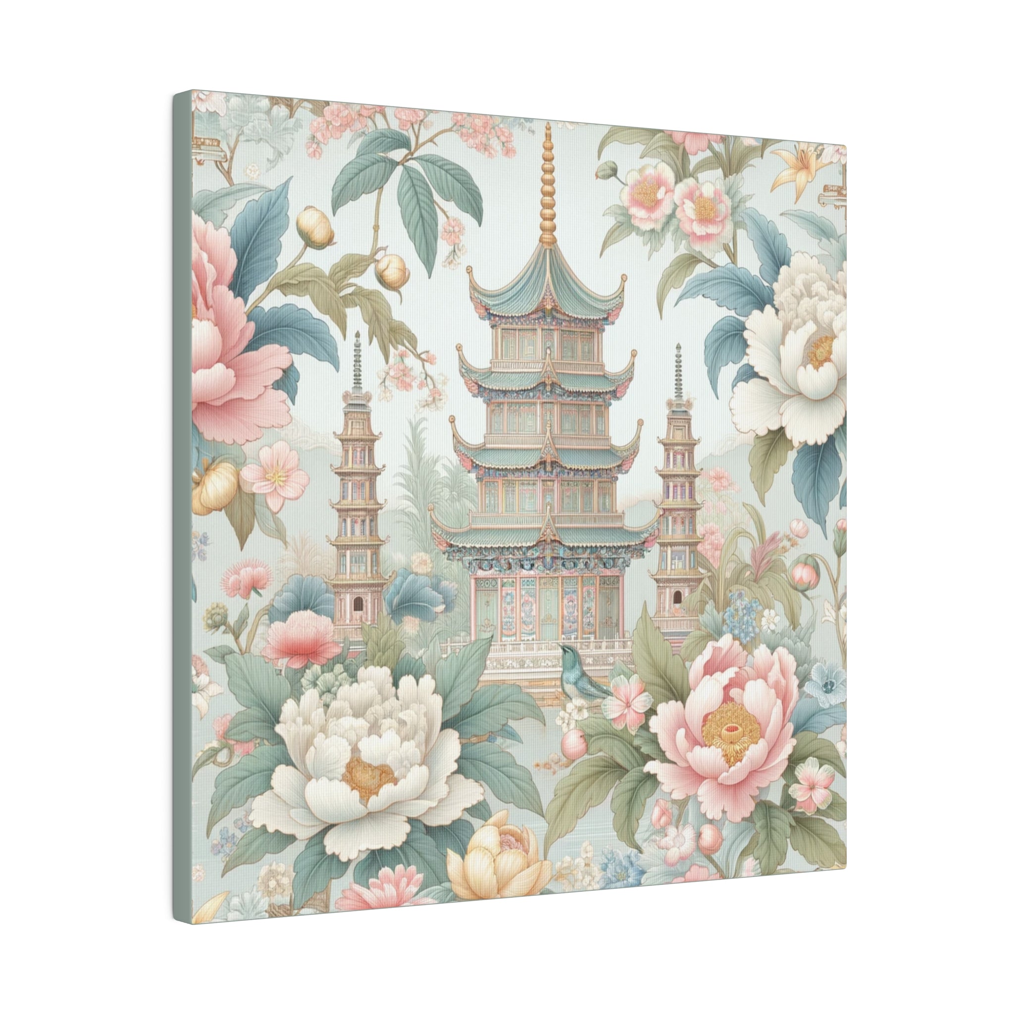 Chinoisere Wall Art, Beautiful Exotic Pagoda, Pastels, Florals, Roses, Blue Birds, Southern Home Style Wall Art - Mid Century Modern Gal